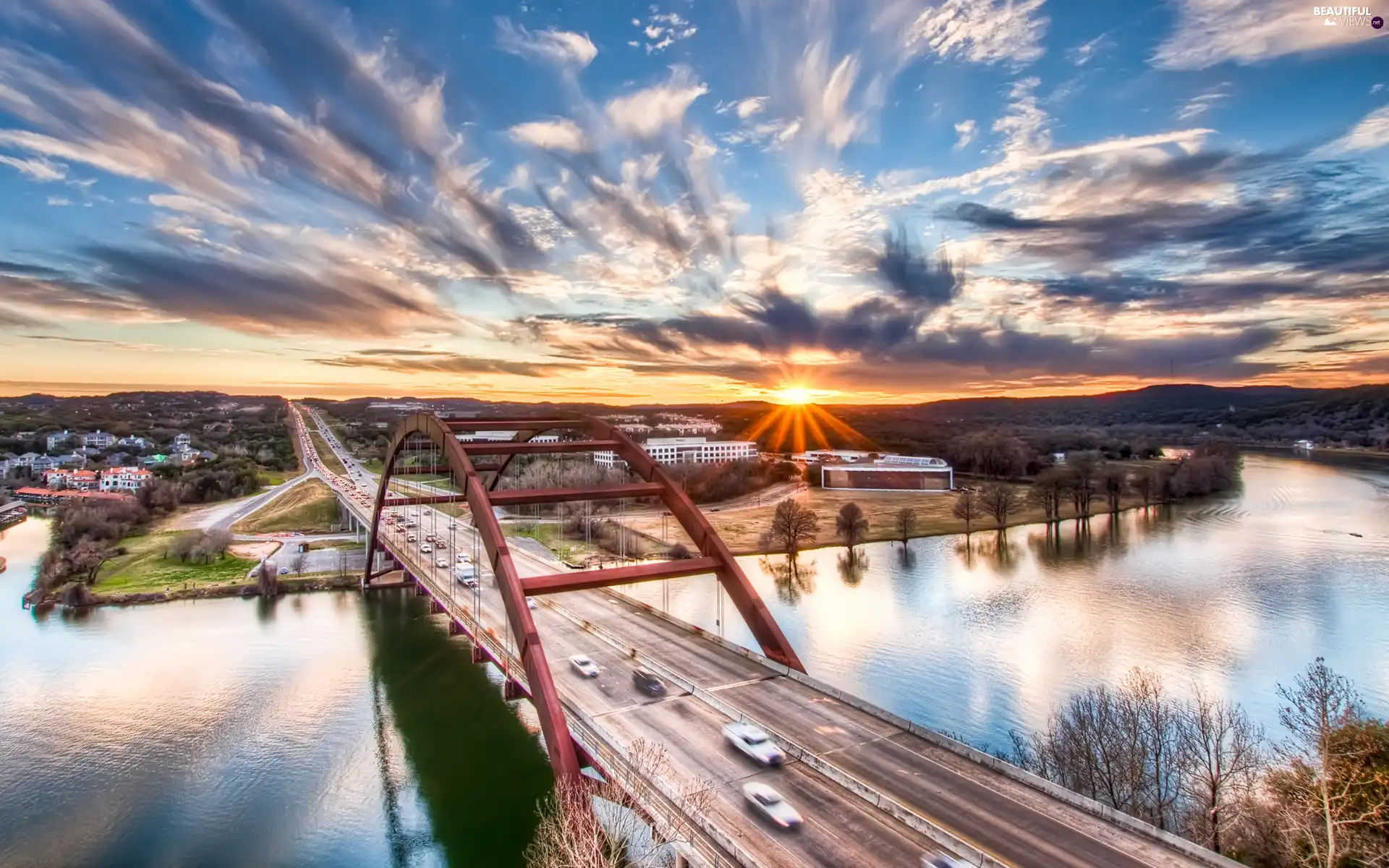 River, sun, bridge, west