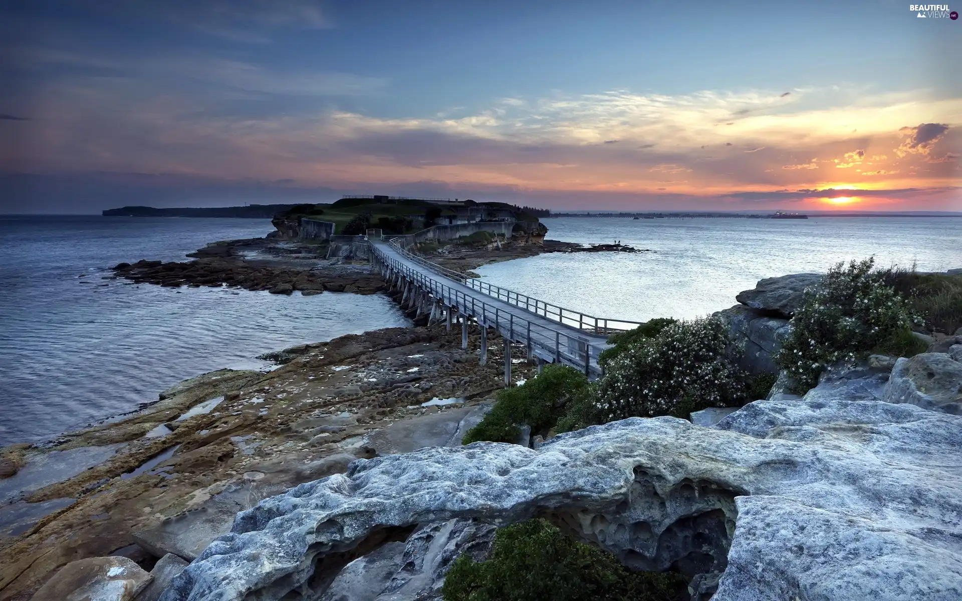 Coast, west, bridge, rocks, Island, sun