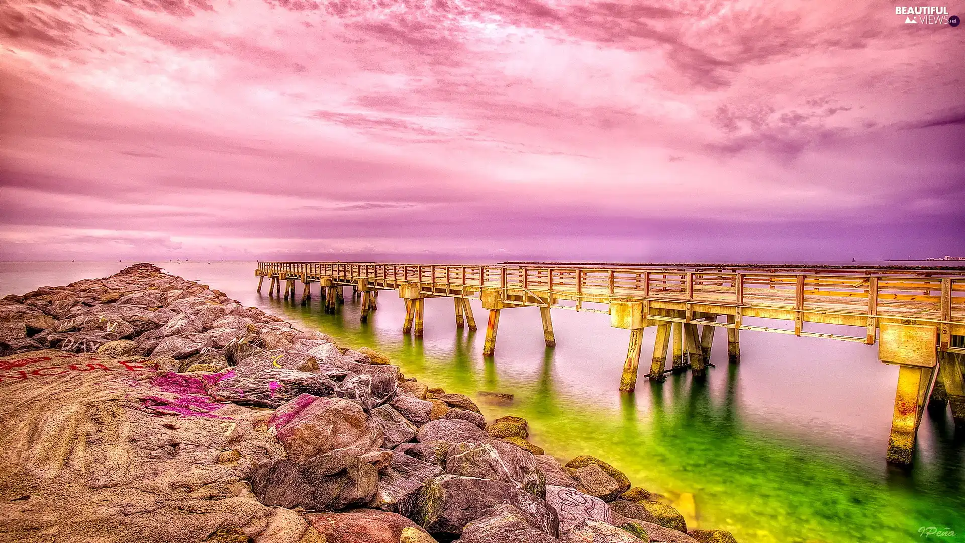 bridge, rocks, west, sun, Pink