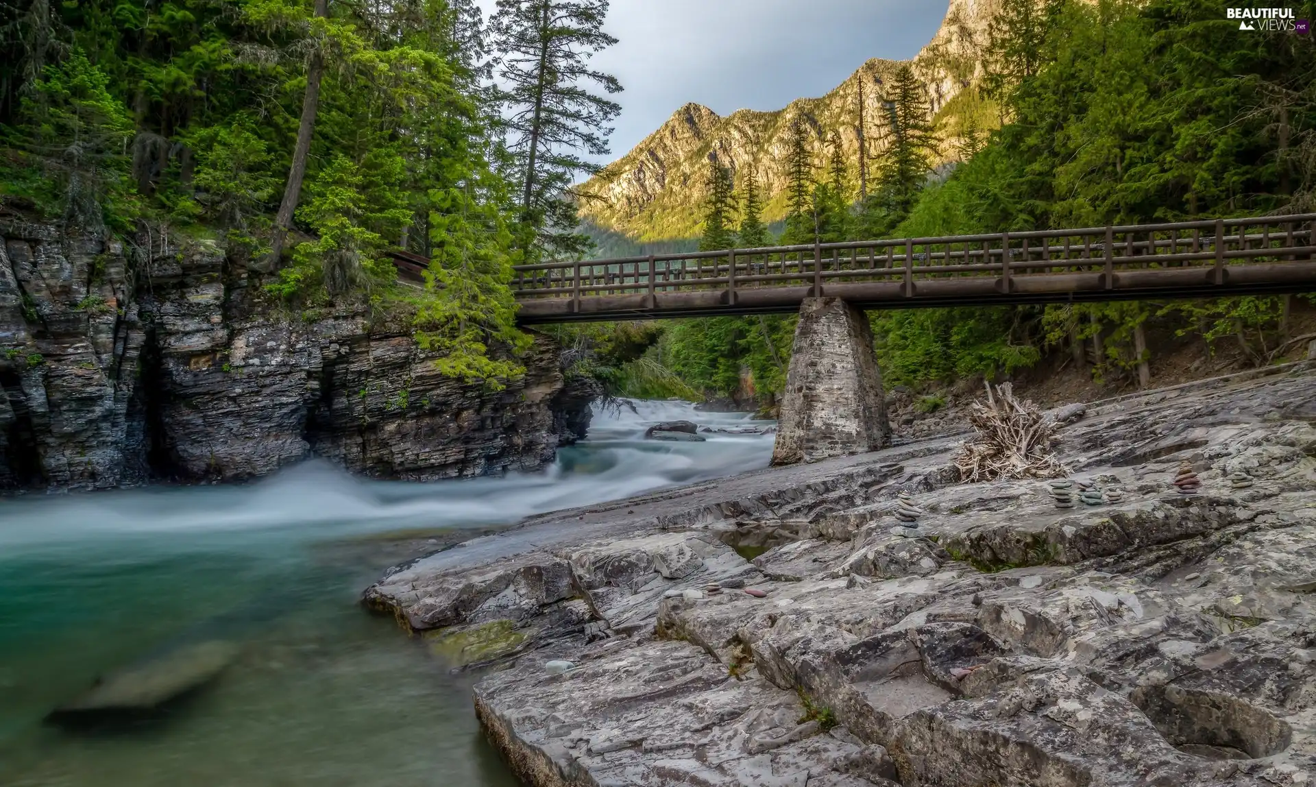 Rocks Mountains, River, bridge