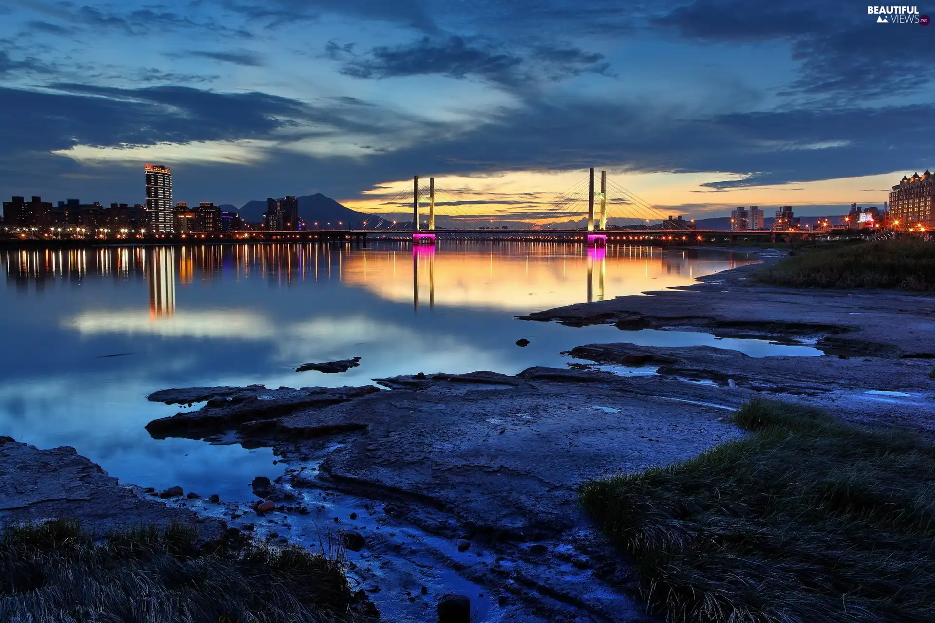 bridge, River, Town