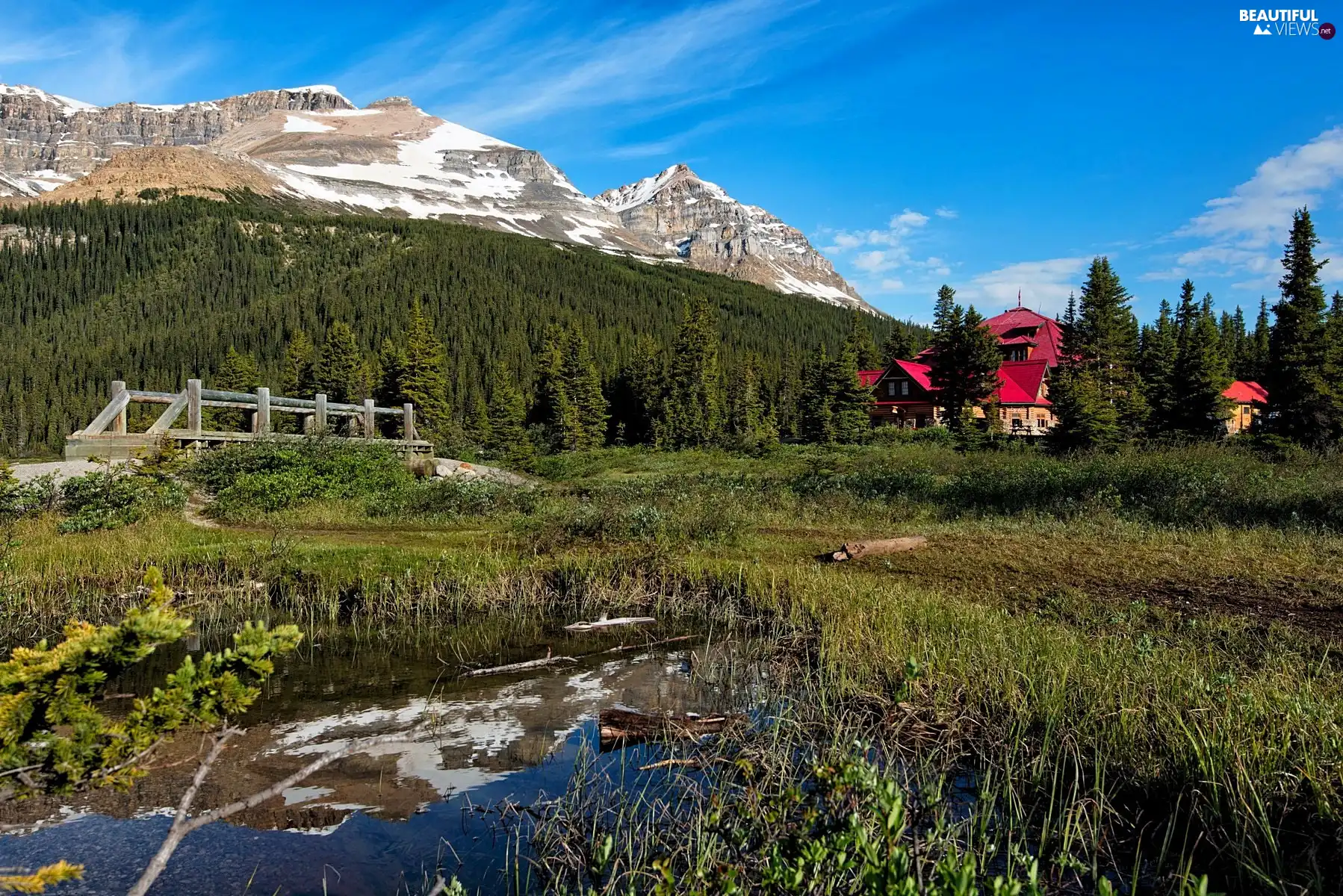 bridges, Canada, woods, house, Mountains