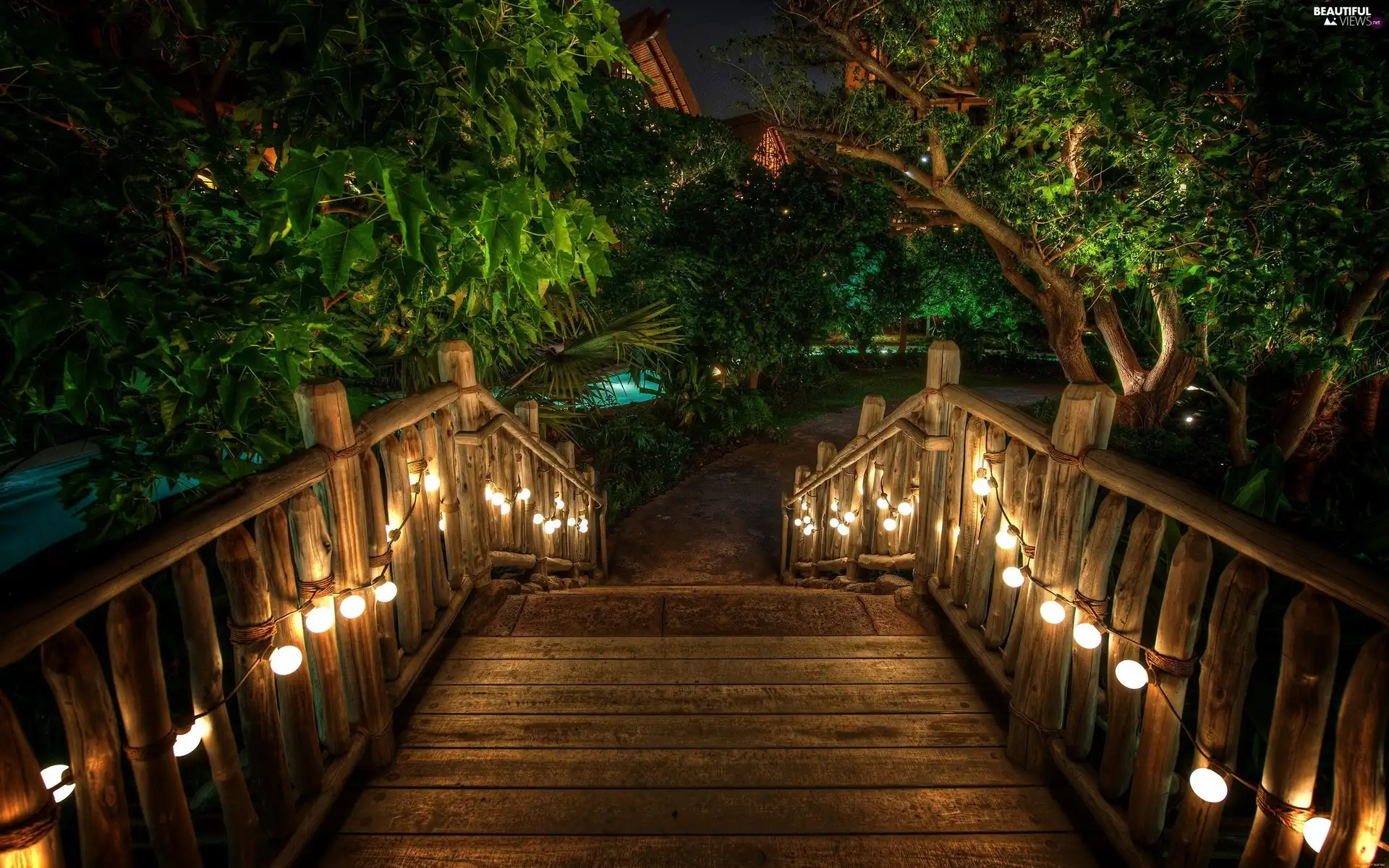 Garden, wooden, bridges, Floodlit