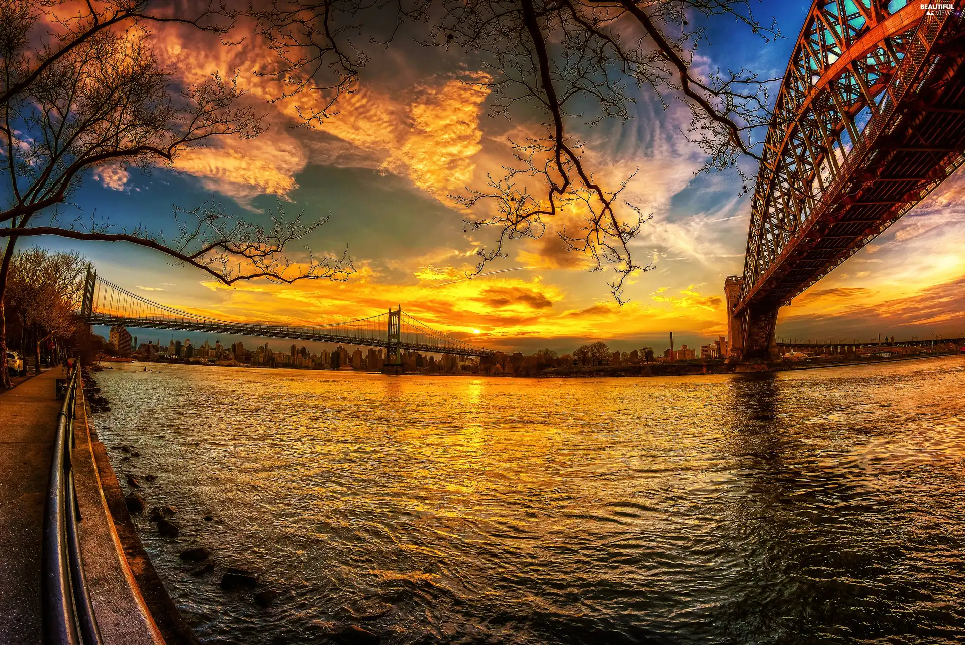 west, River, Bridges, sun