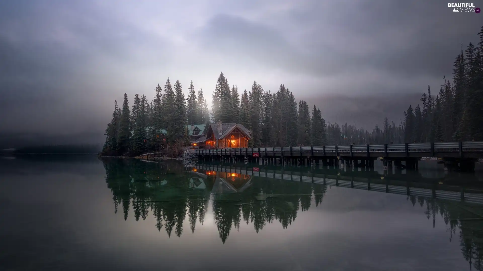 forest, Emerald Lake, house, Province of British Columbia, bridge, Yoho National Park, Floodlit, Canada, clouds, Mountains