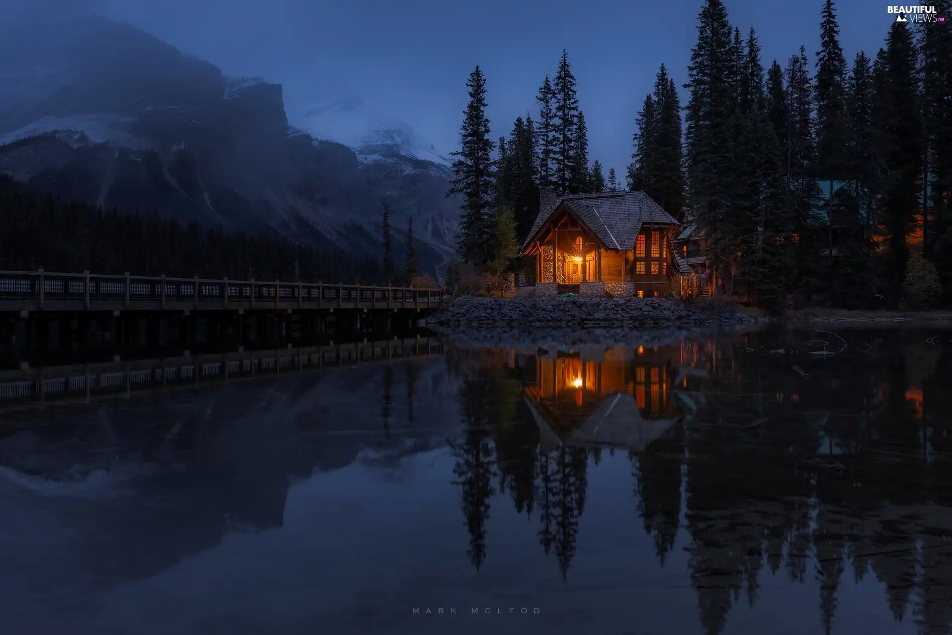 trees, Emerald Lake, bridge, Province of British Columbia, Mountains, Yoho National Park, house, Canada, viewes, forest