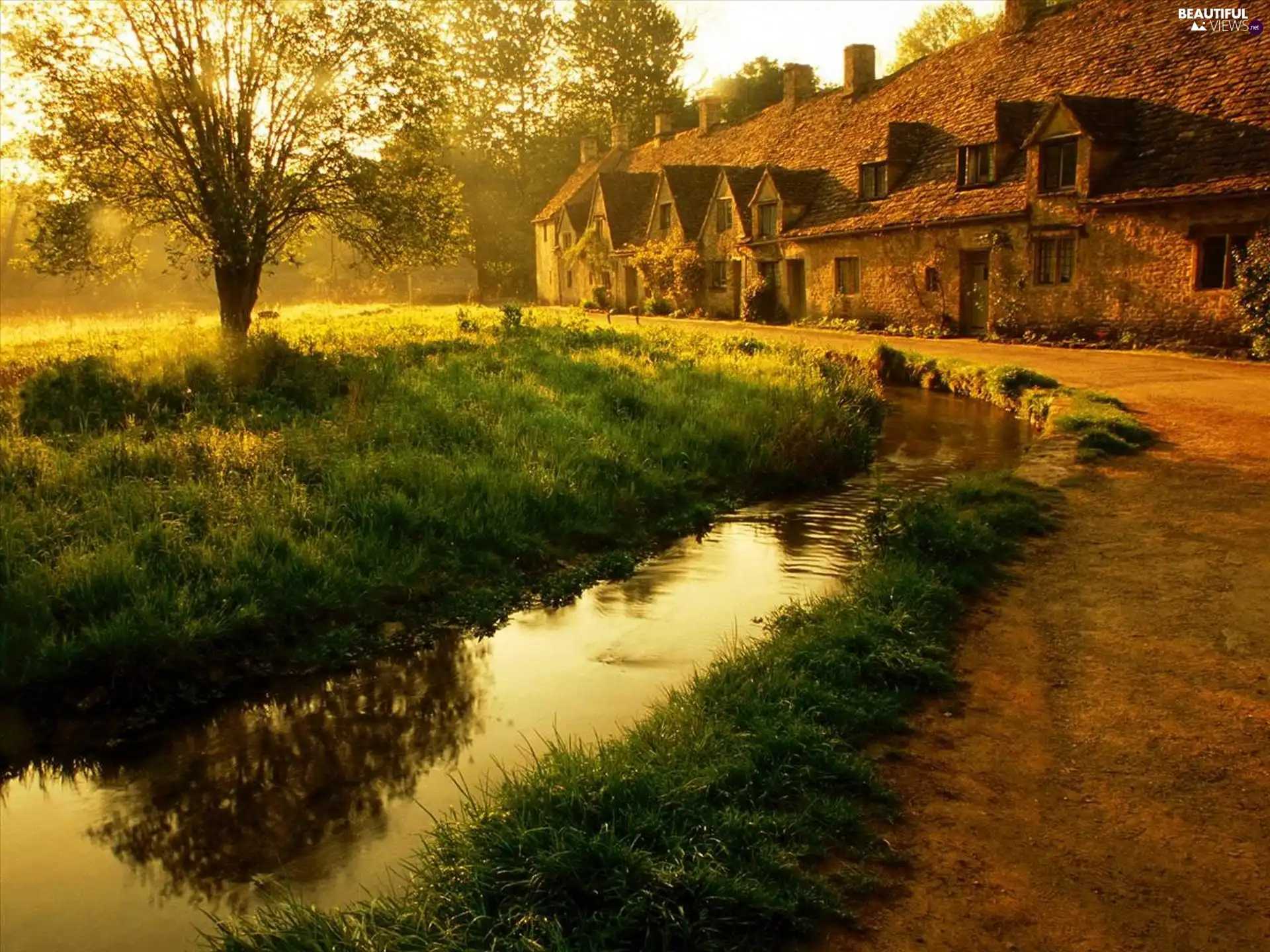 brook, trees, Old car, house, Beatyfull