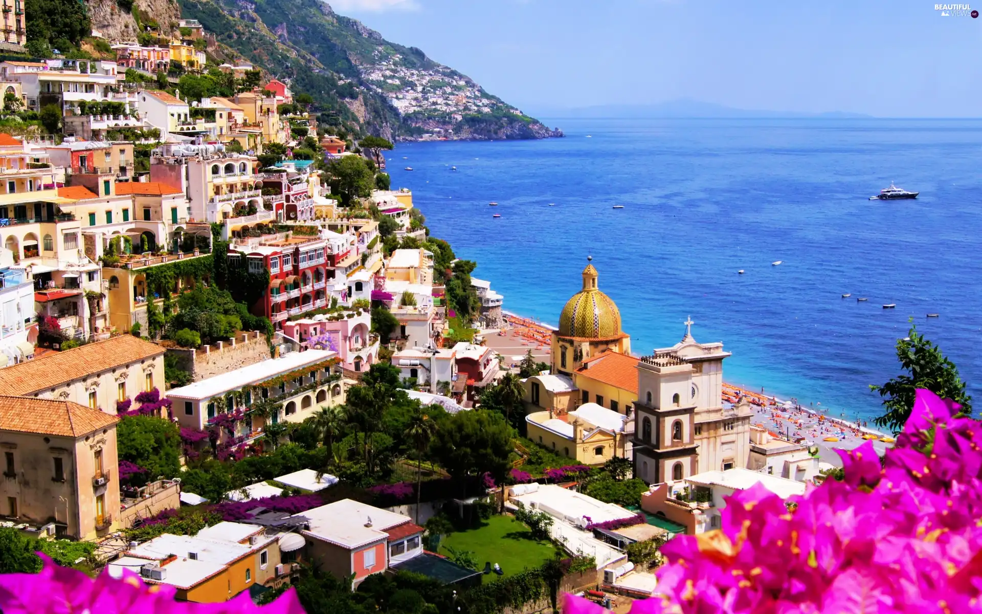 buildings, Sky, Amalfi, sea, Italy