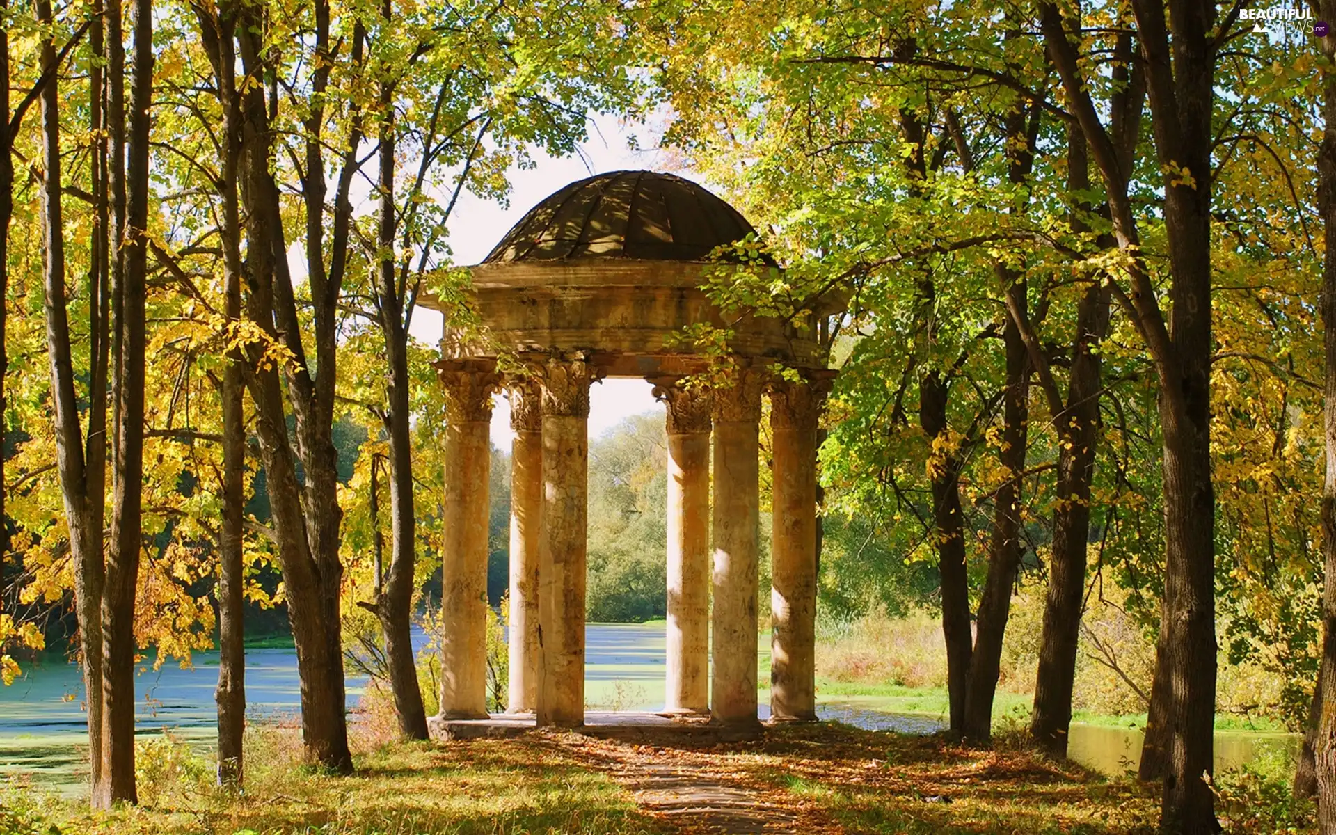 Park, autumn, Buldings, River