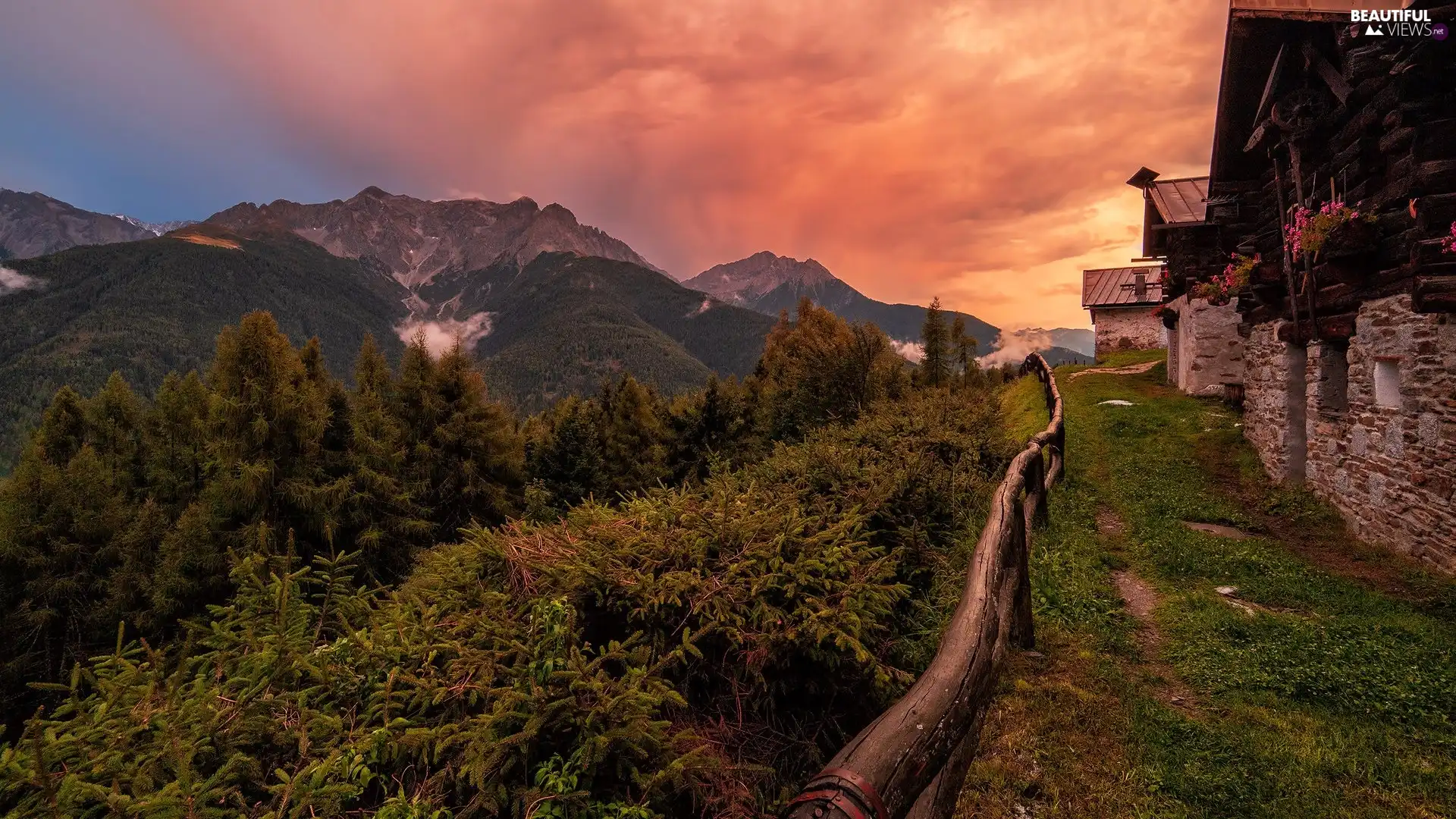 fence, Mountains, viewes, Houses, Great Sunsets, trees, Bush