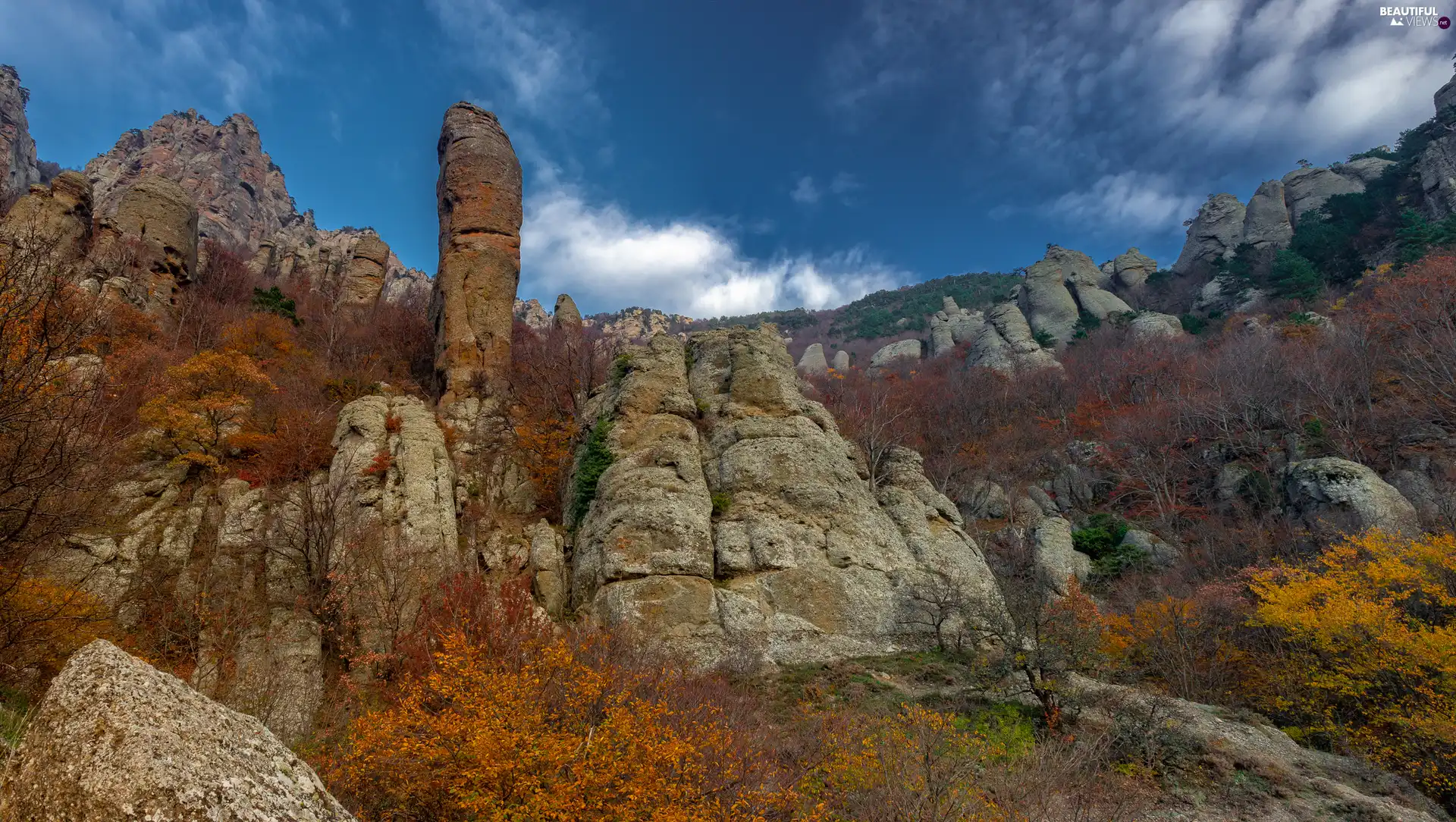 autumn, rocks, viewes, Mountains, Rock Formations, trees, Bush