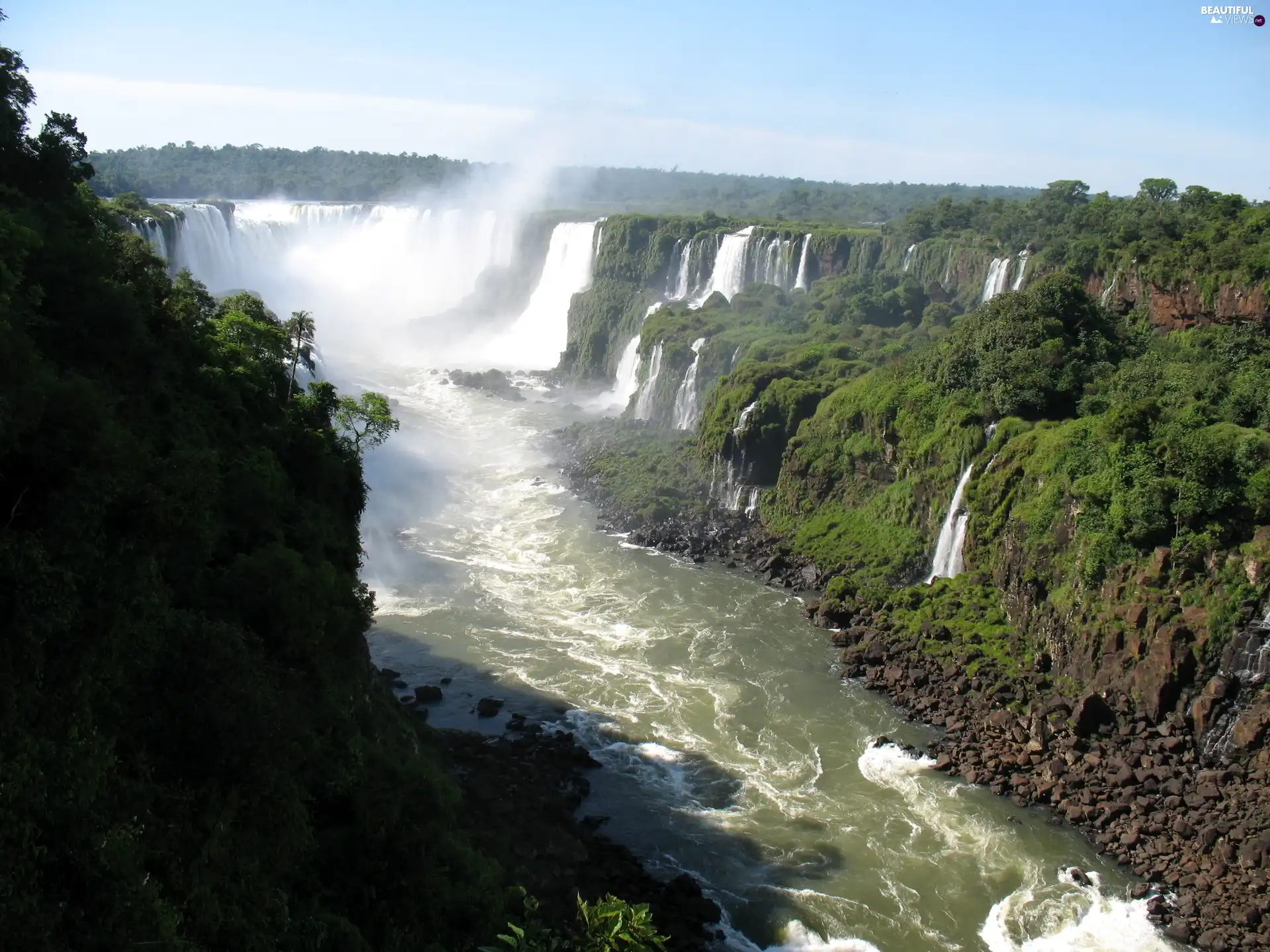 Bushes, rocks, waterfalls, forest, River