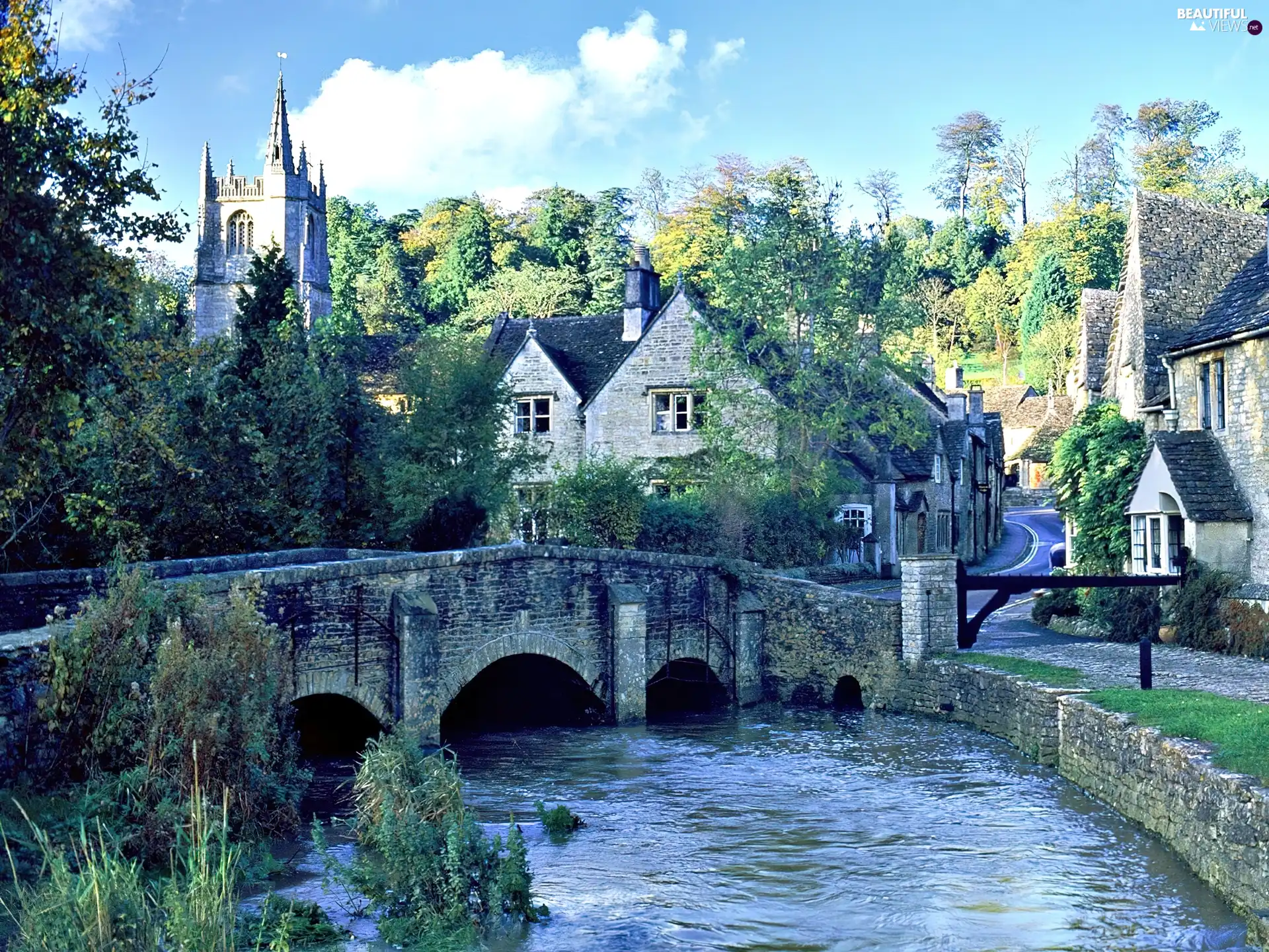 by, river, stone, Houses, bridge