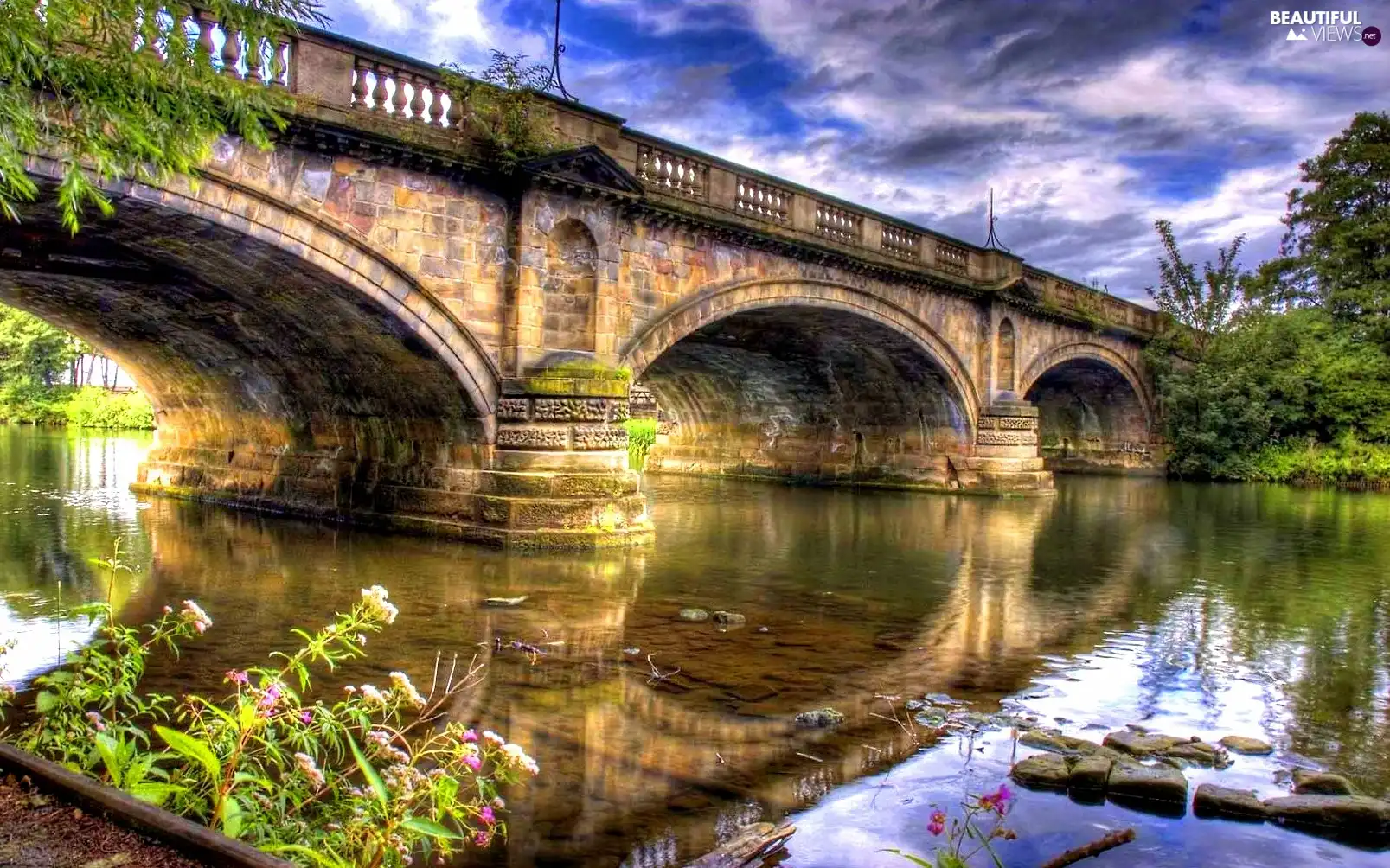 by, river, stone, bridge, Old car