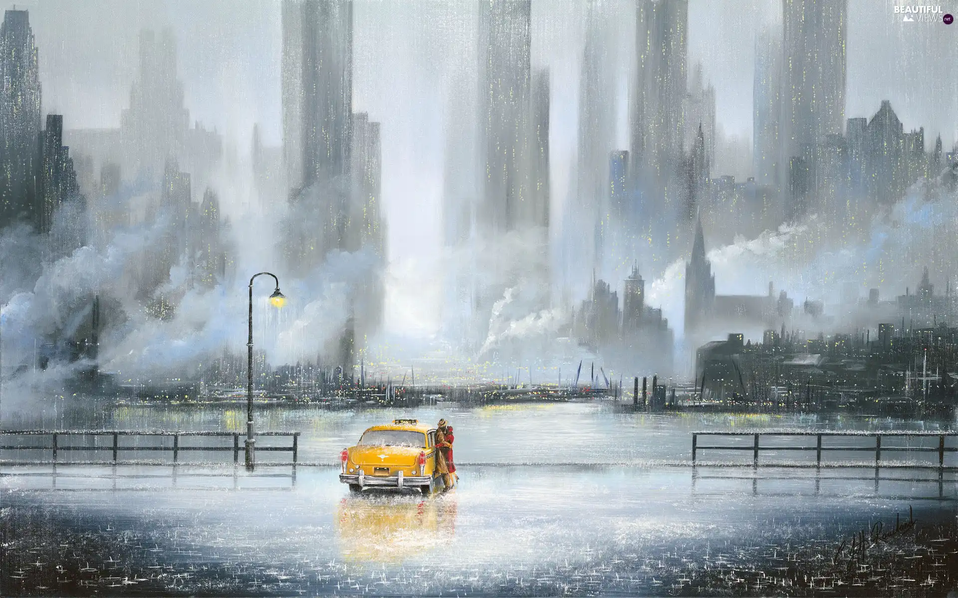 Town, painting, Cab, lovers, Rain, picture