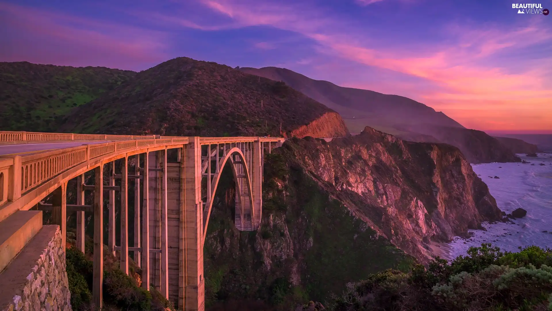 Mountains, sea, The United States, Great Sunsets, California, Coast, Bixby Creek Bridge, Big Sur Region