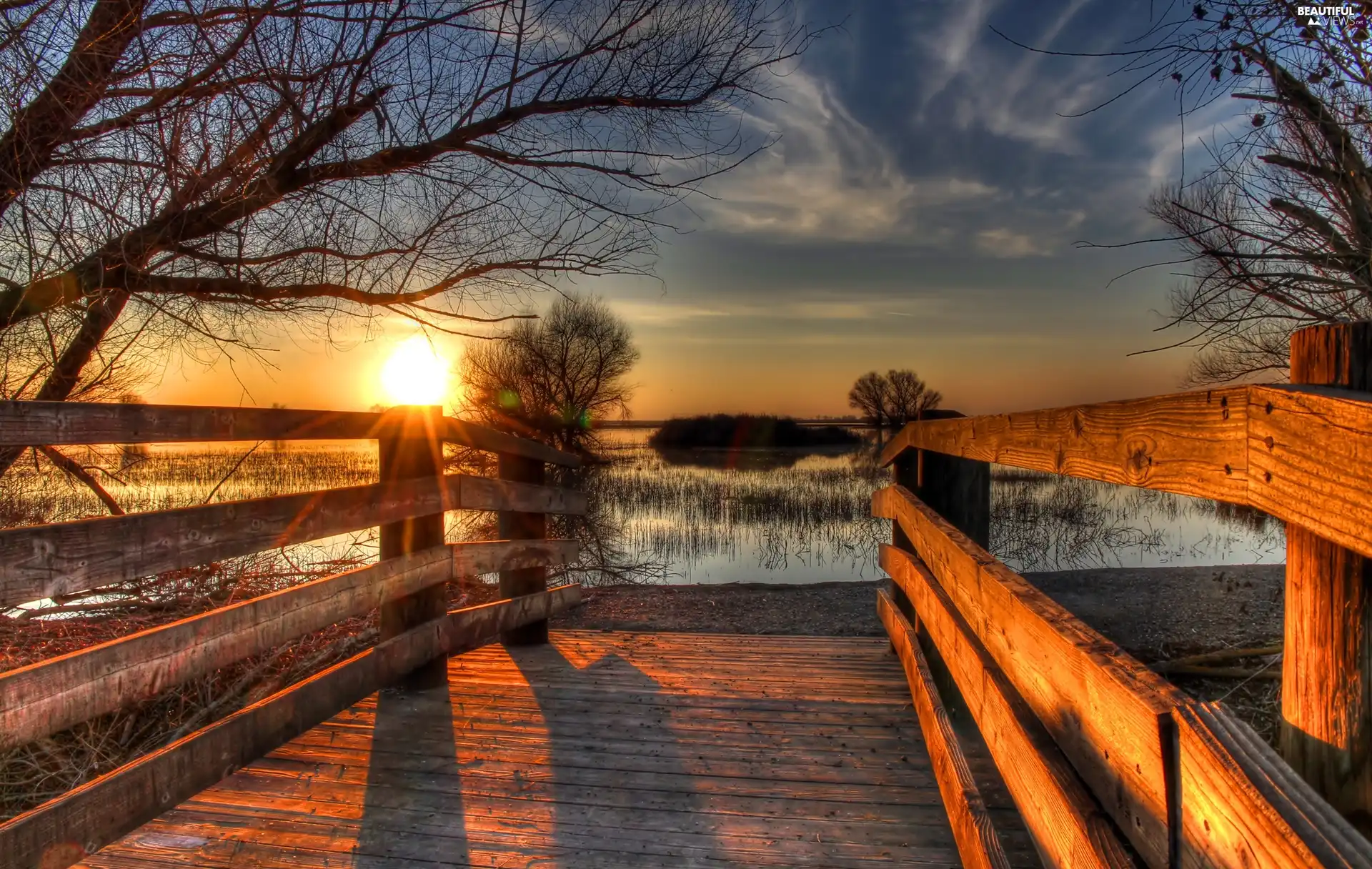 California, HDR, lake, Sunrise, bridges