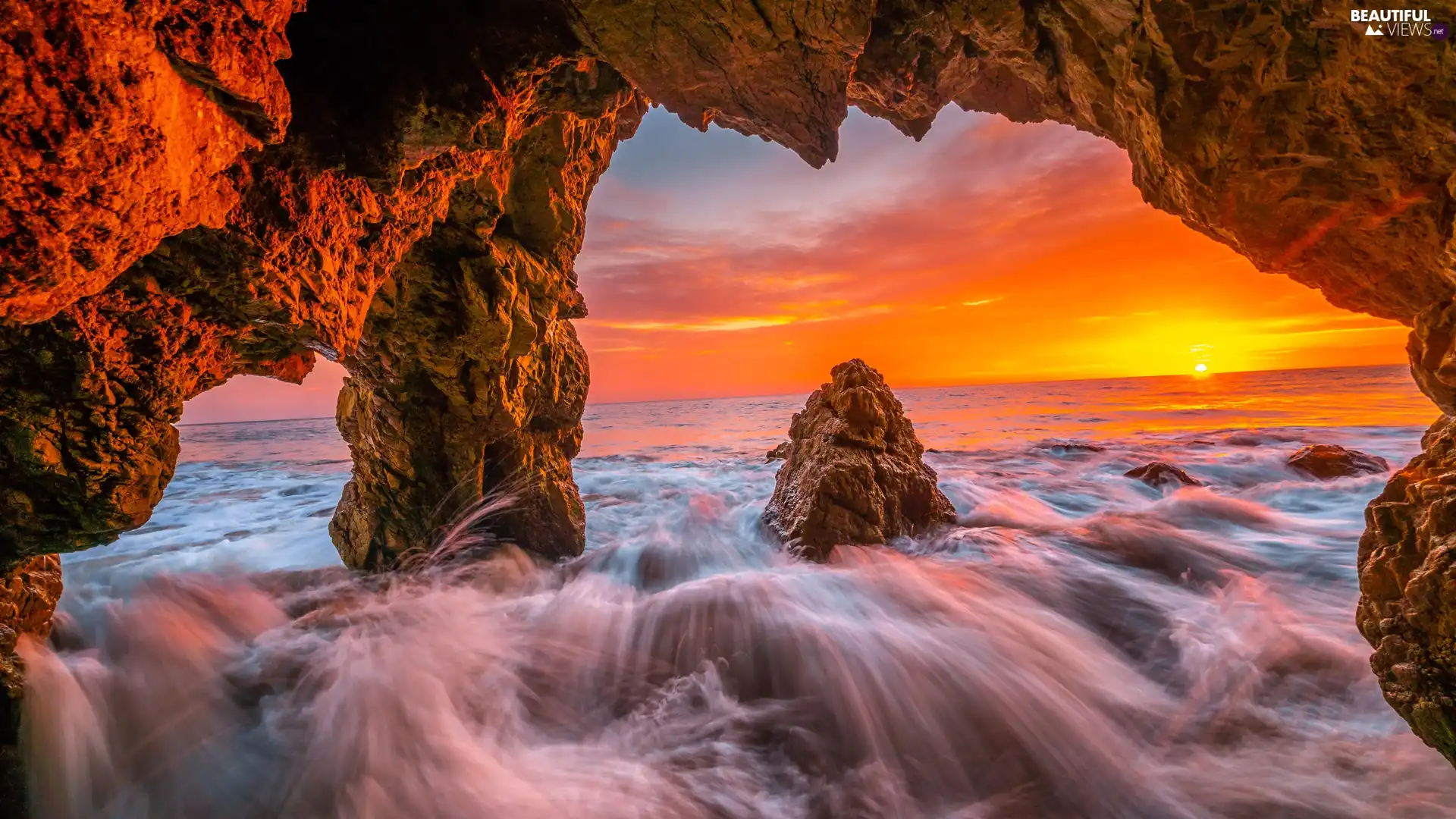 Malibu, sea, Great Sunsets, Waves, rocks, California, The United States, cave