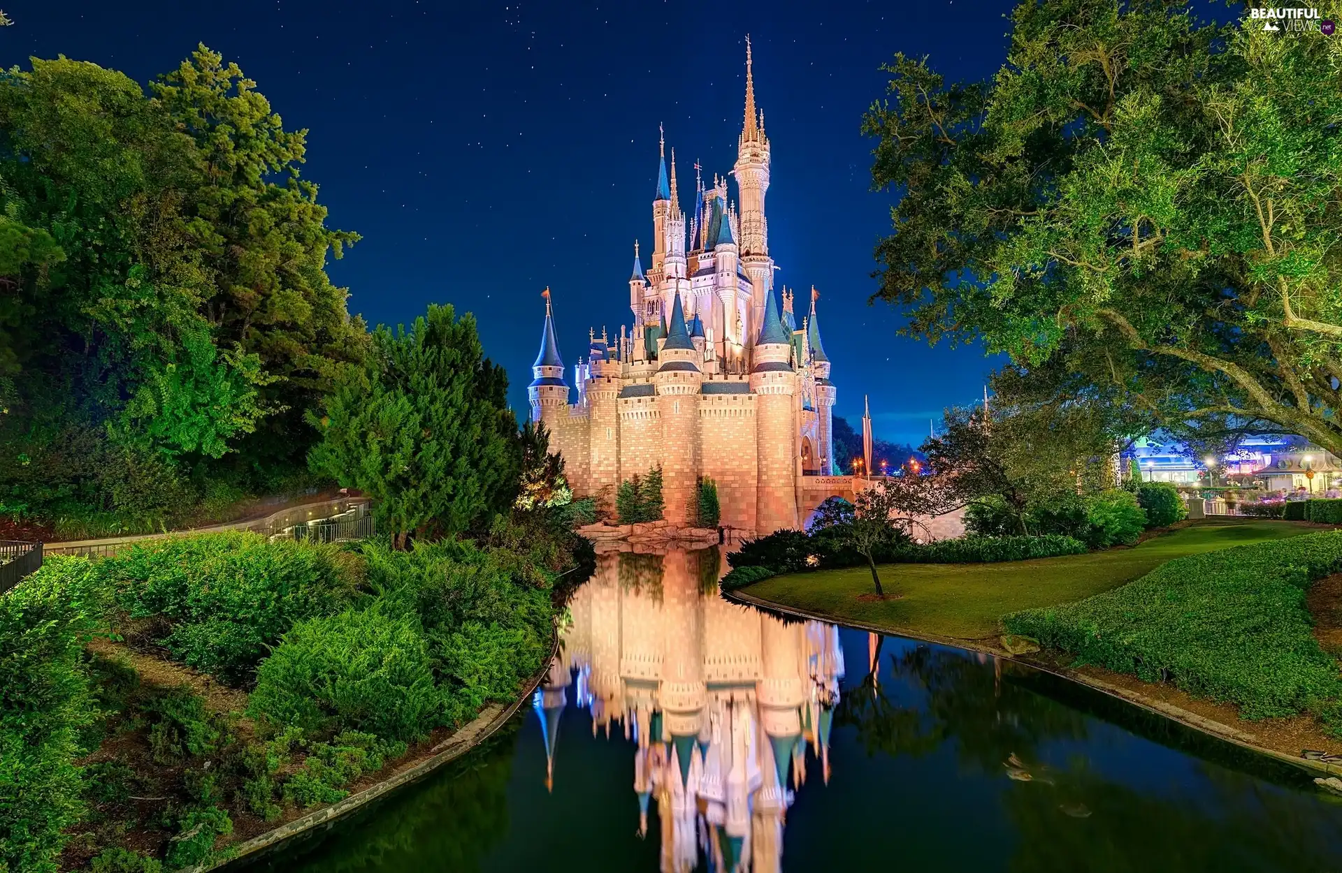 Night, Castle, California, USA, Disneyland, River