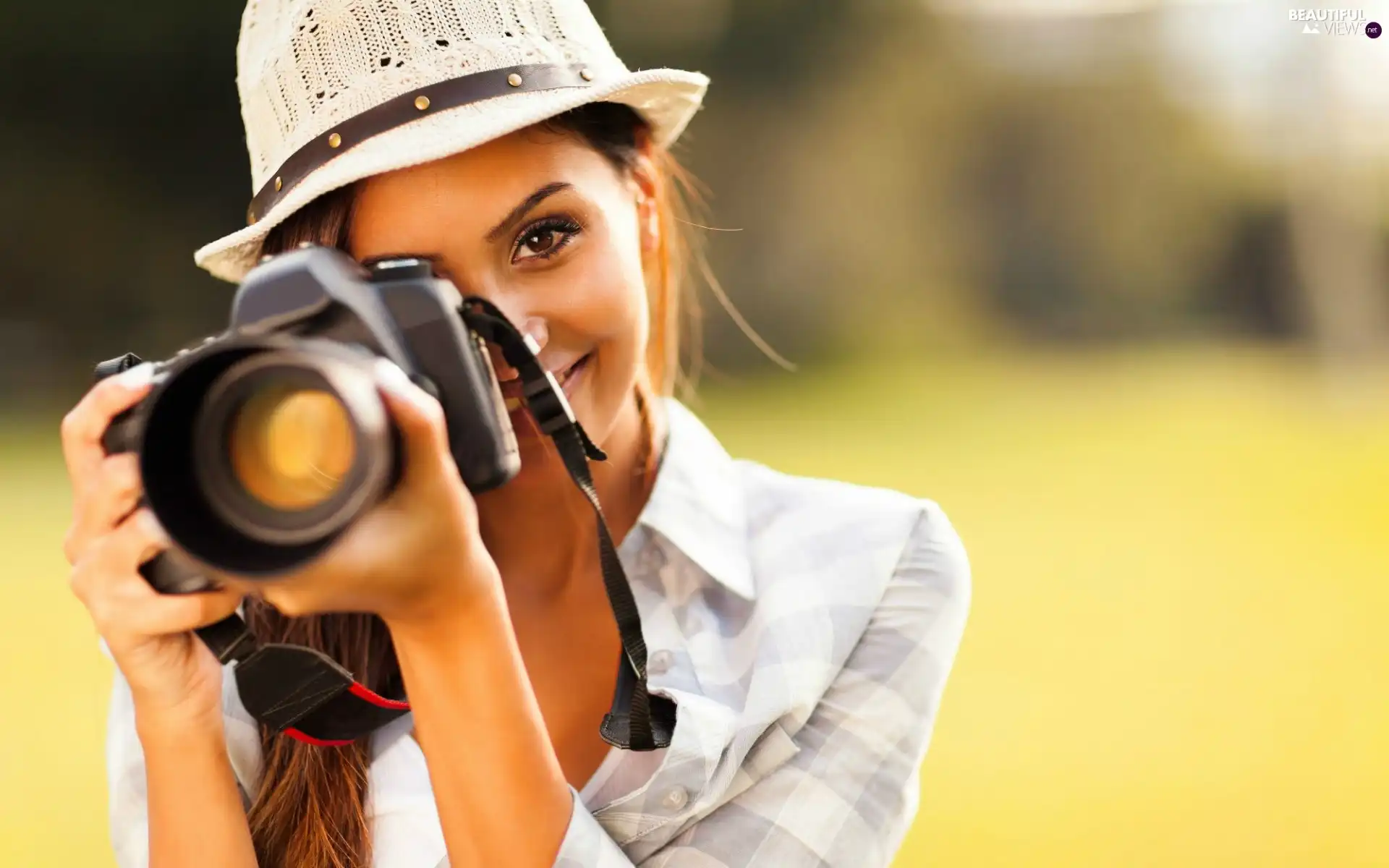 Camera, Park, girl, Hat, smiling