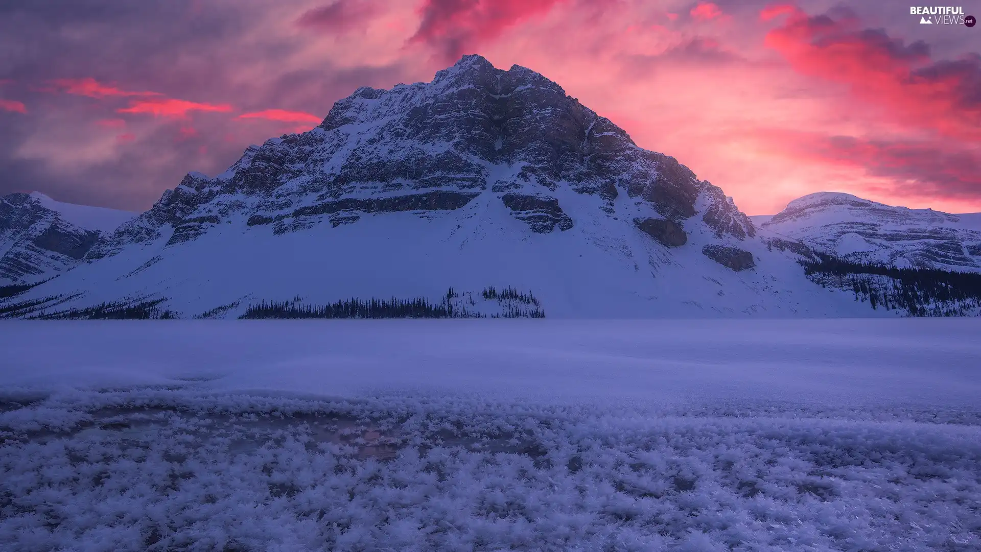 Mountains, winter, Crowfoot Mountain, trees, Banff National Park, Canada, Great Sunsets, Bow Lake, viewes