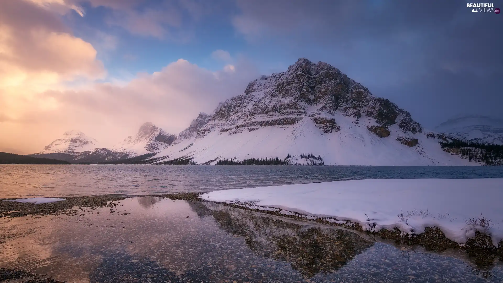 Bow Lake, Canada, winter, clouds, Mountains Canadian Rockies, Banff National Park