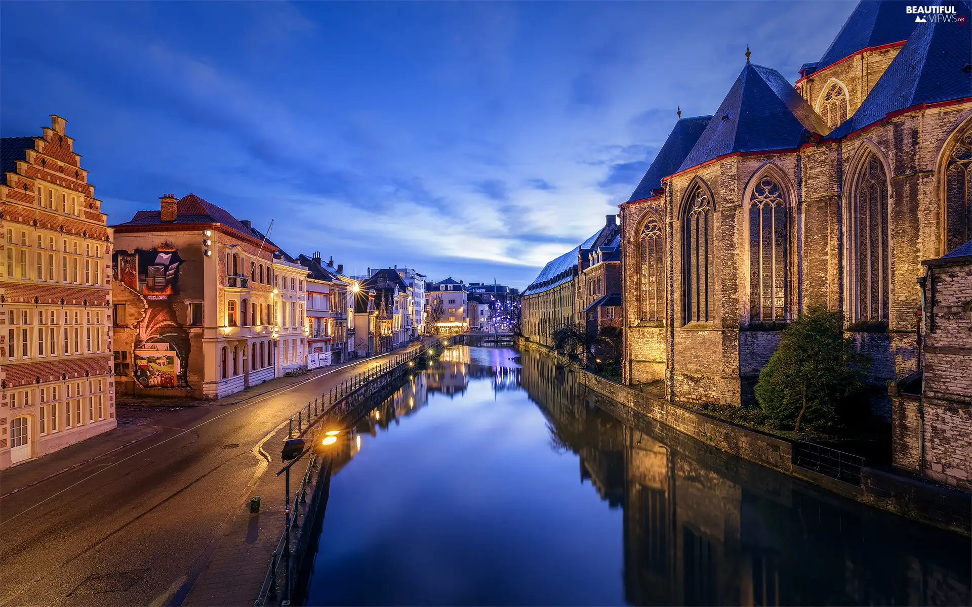 canal, evening, clouds, Houses, Sky, City of Ghent, Belgium, lighting