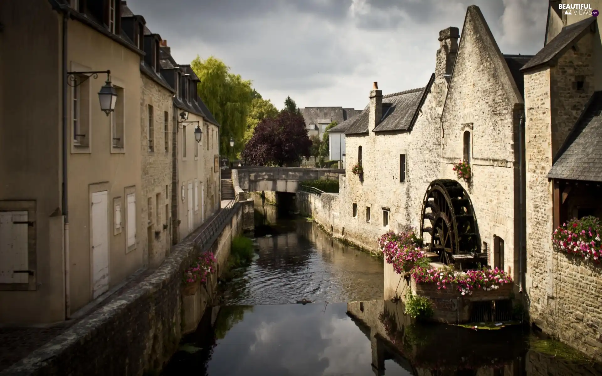 canal, Houses, water, by, Windmill