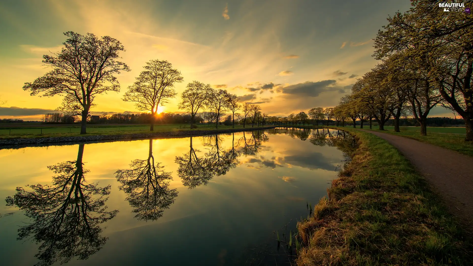 Way, River, viewes, canal, Sunrise, trees, reflection