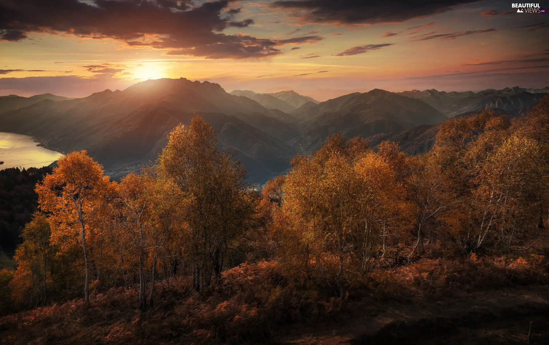 Alps Mountains, Lake Maggiore, Great Sunsets, trees, autumn, Ticino Canton, Switzerland, viewes
