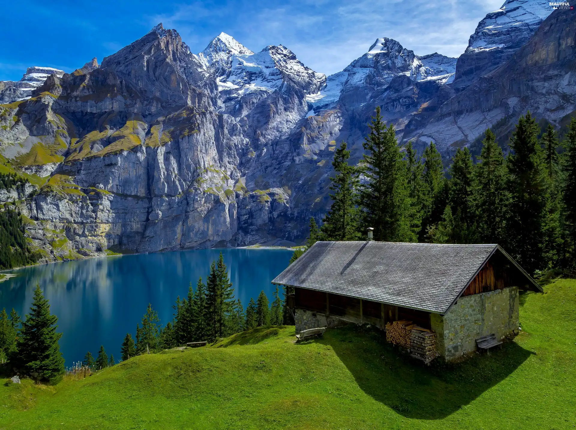 Mountains, car in the meadow, Home, lake