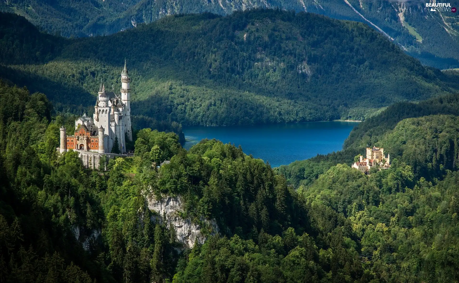 Alps, Mountains, Neuschwanstein Castle, green ones, Bavaria, Germany, Lake Alpsee, Hohenschwangau Castle, woods