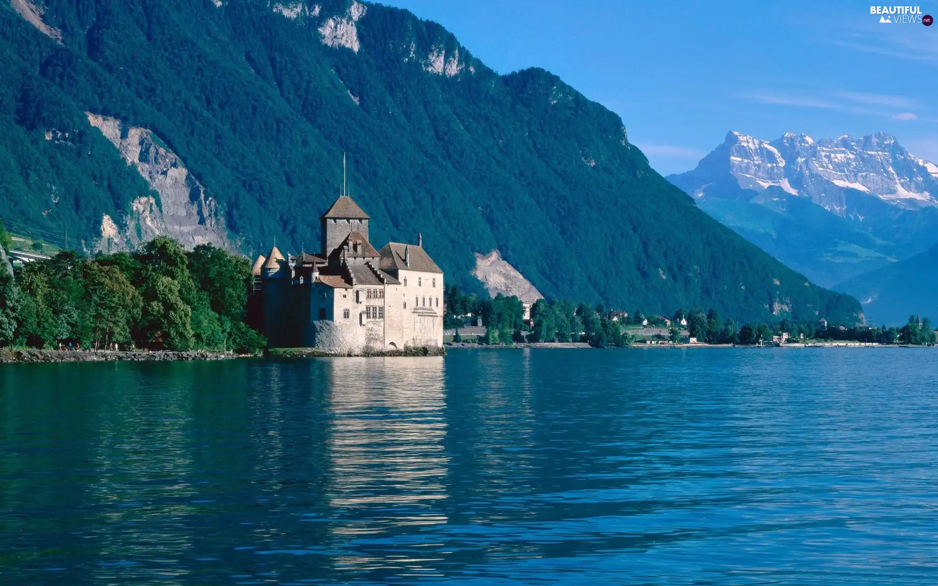 Castle, Mountains, lake