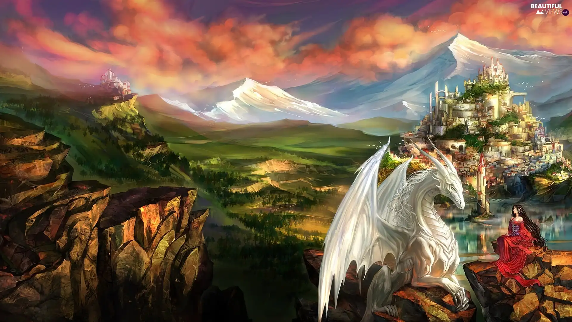 Mountains, Women, Castle, Dragon