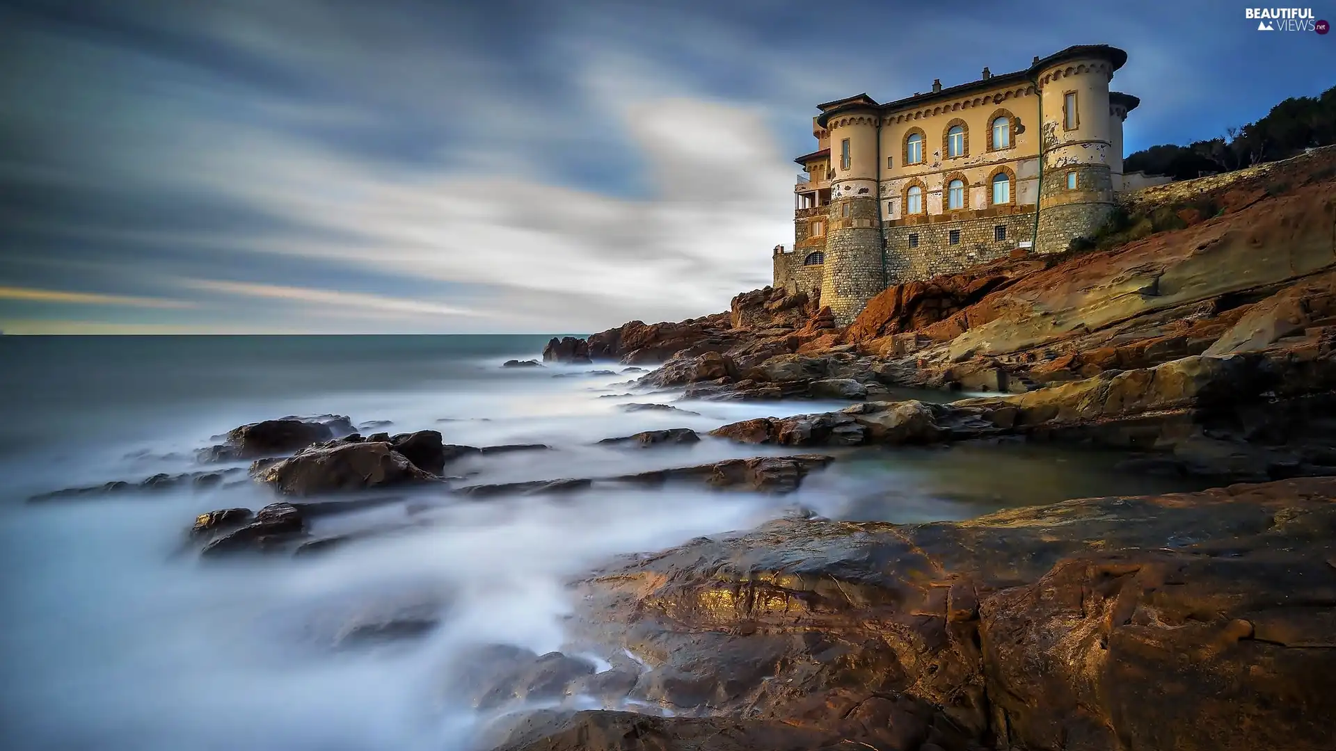 sea, rocks, Castle, Sky