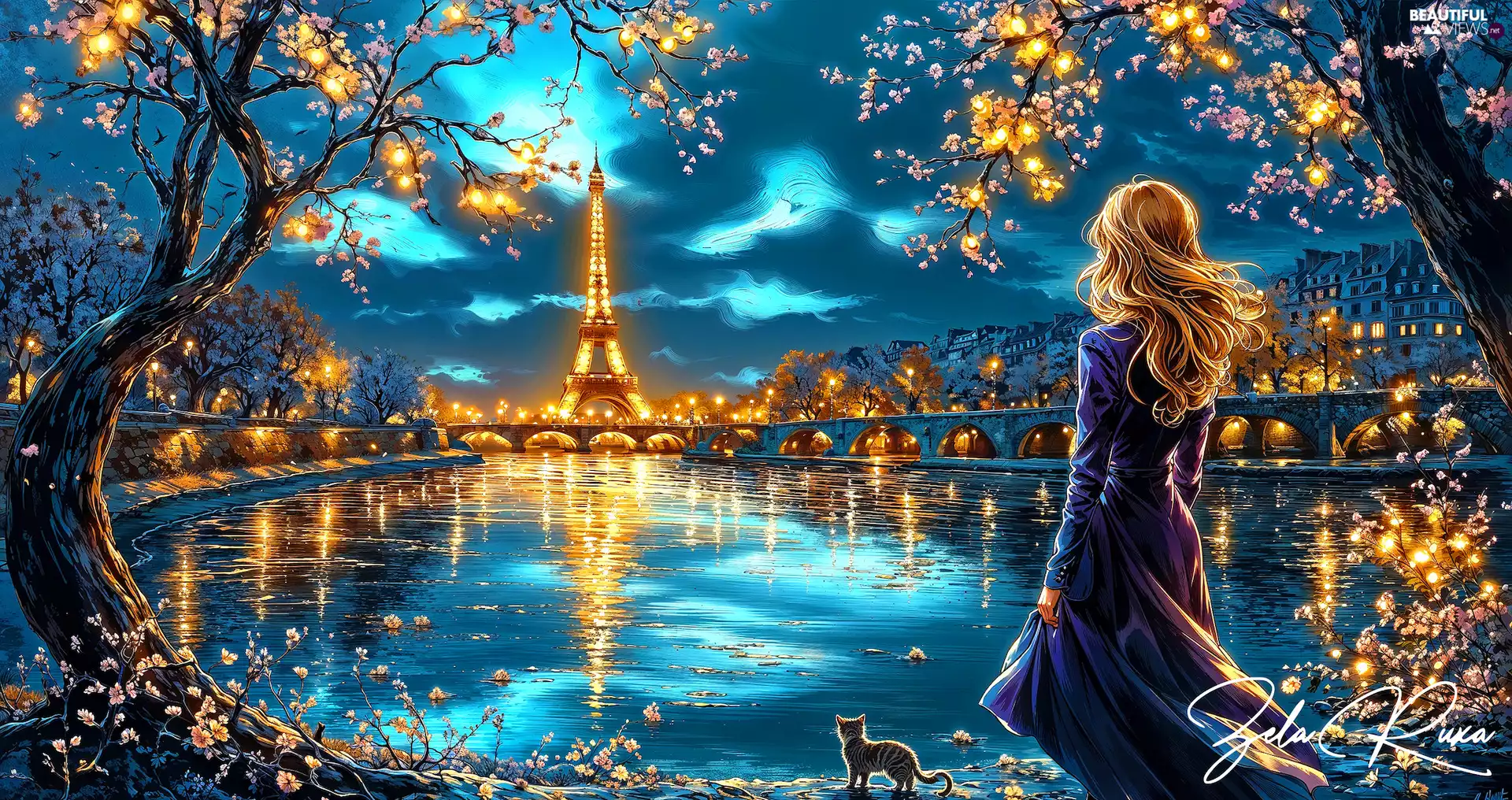 bridge, Seine, light, cat, viewes, Paris, River, graphics, France, Eiffla Tower, trees, Women