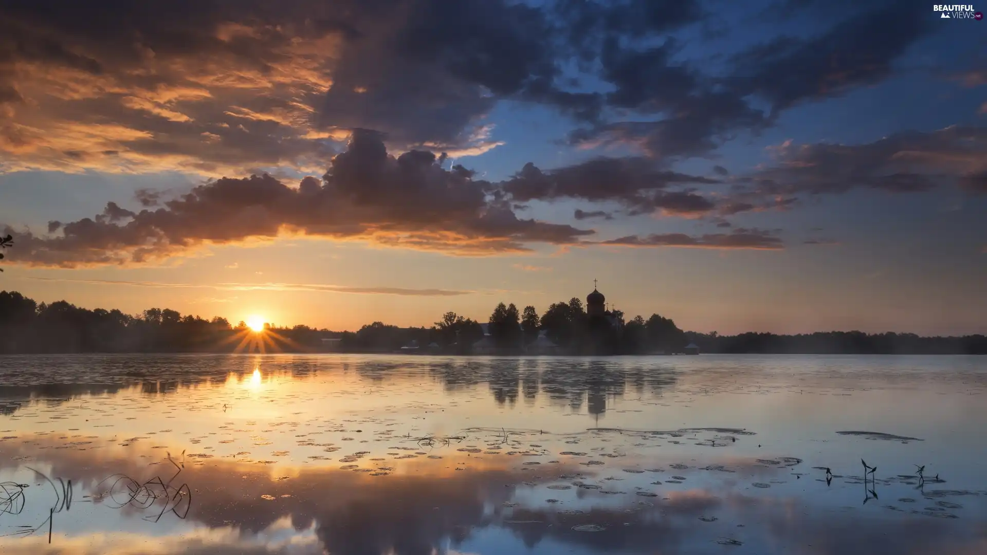 clouds, Great Sunsets, Cerkiew, dark, lake