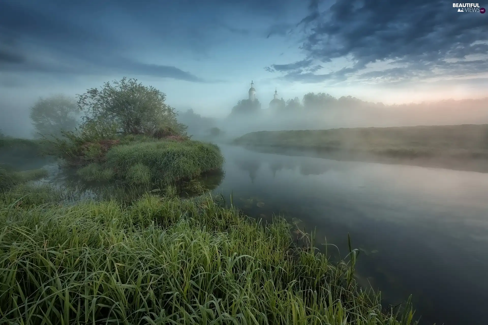 viewes, Fog, River, Cerkiew, grass, trees