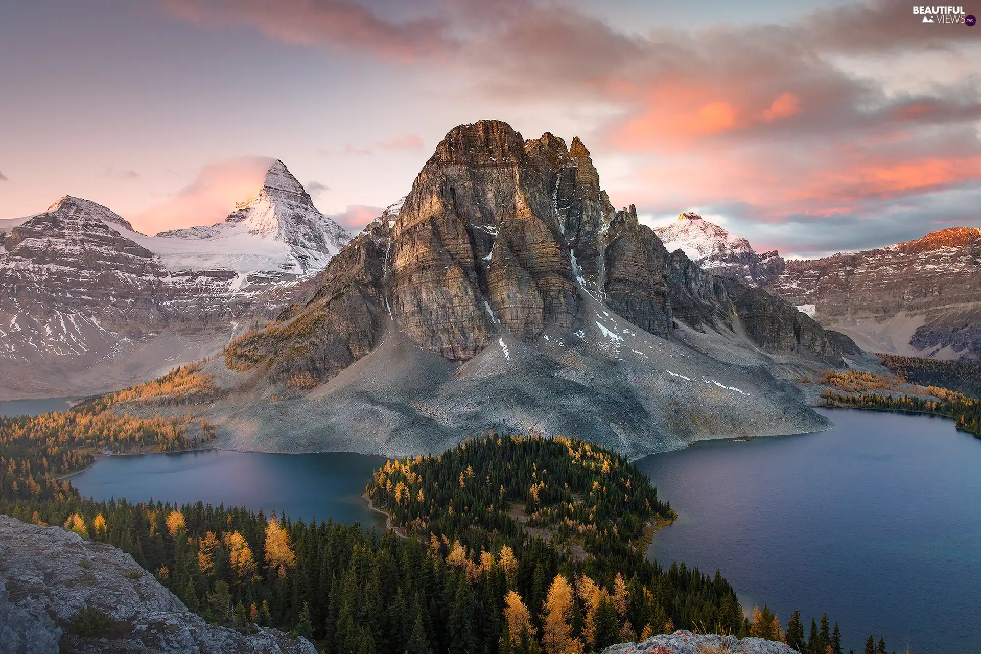 Mount Assiniboine, Canada, Sunburst Lake, Cerulean Lake, Mountains, clouds, Sunrise, Mount Assiniboine Provincial Park, British Columbia, autumn, lakes