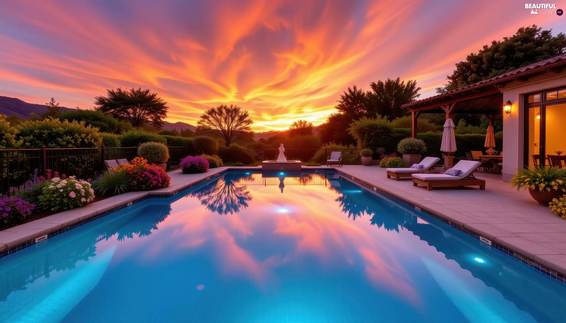 trees, Pool, clouds, Great Sunsets, viewes, deck chair
