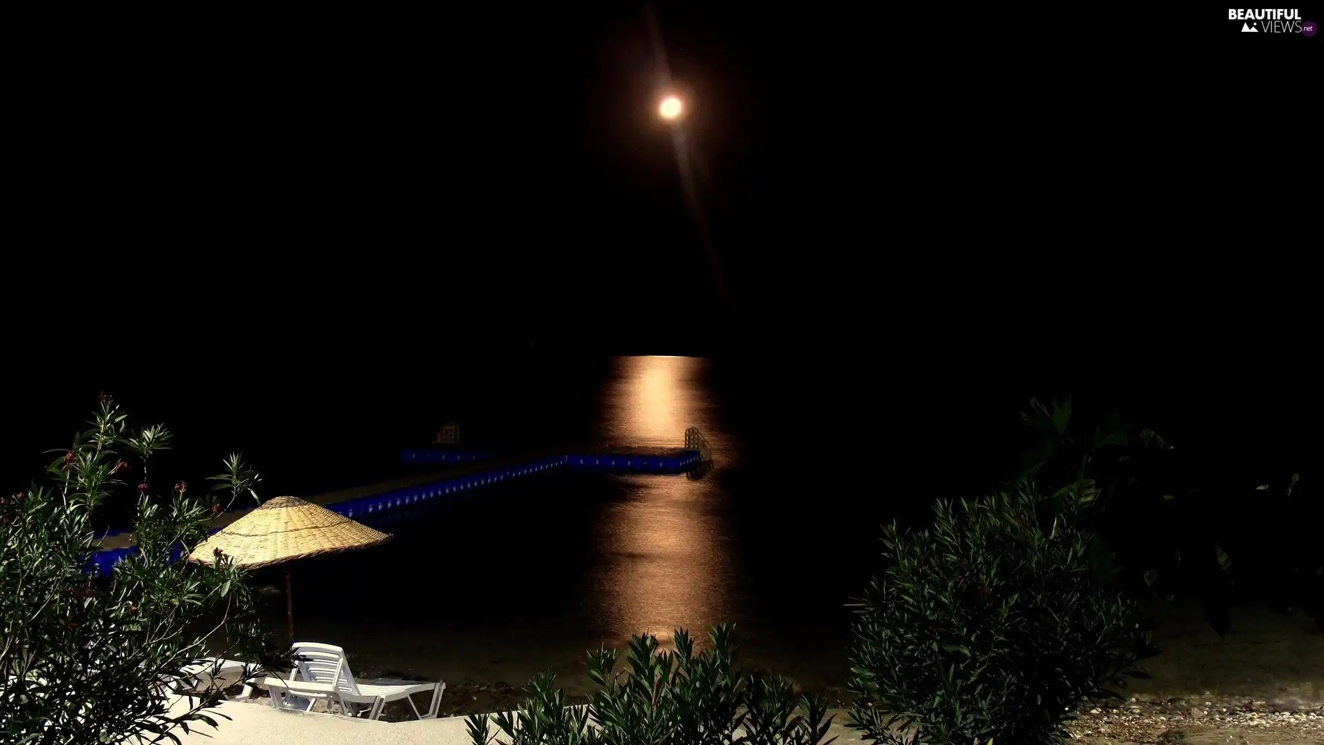 Night, lake, deck chair, Bush, pier, moon