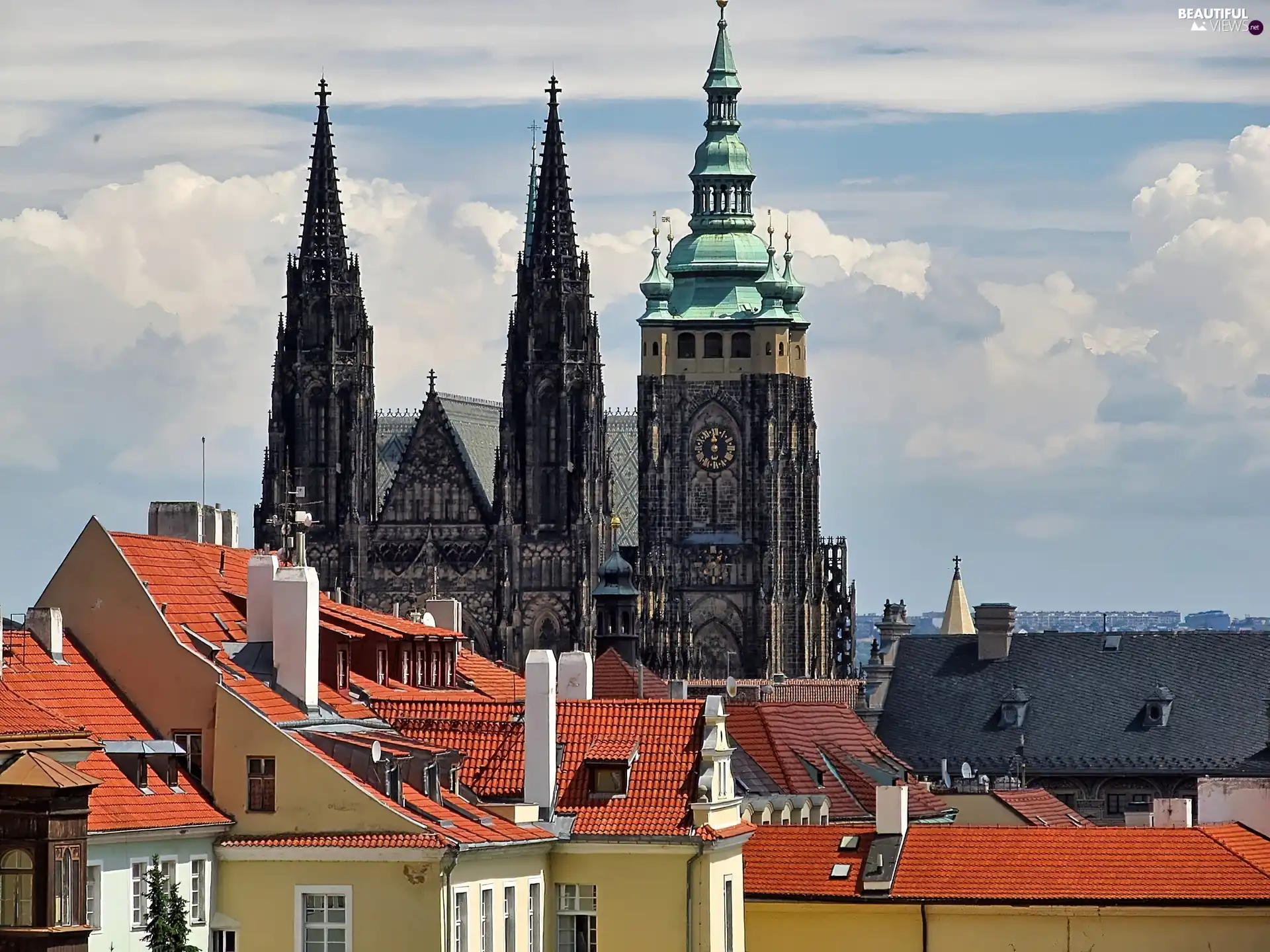 St. witta, Prague, roofs, chair, Czech Republic, Houses, clouds