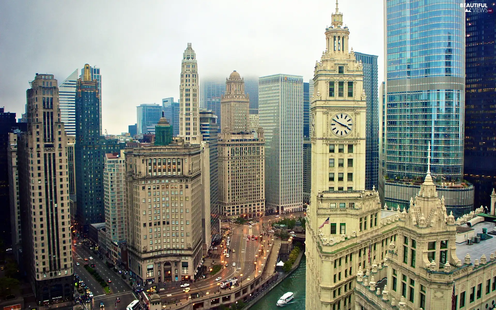 Streets, skyscrapers, Chicago, USA, River, clouds