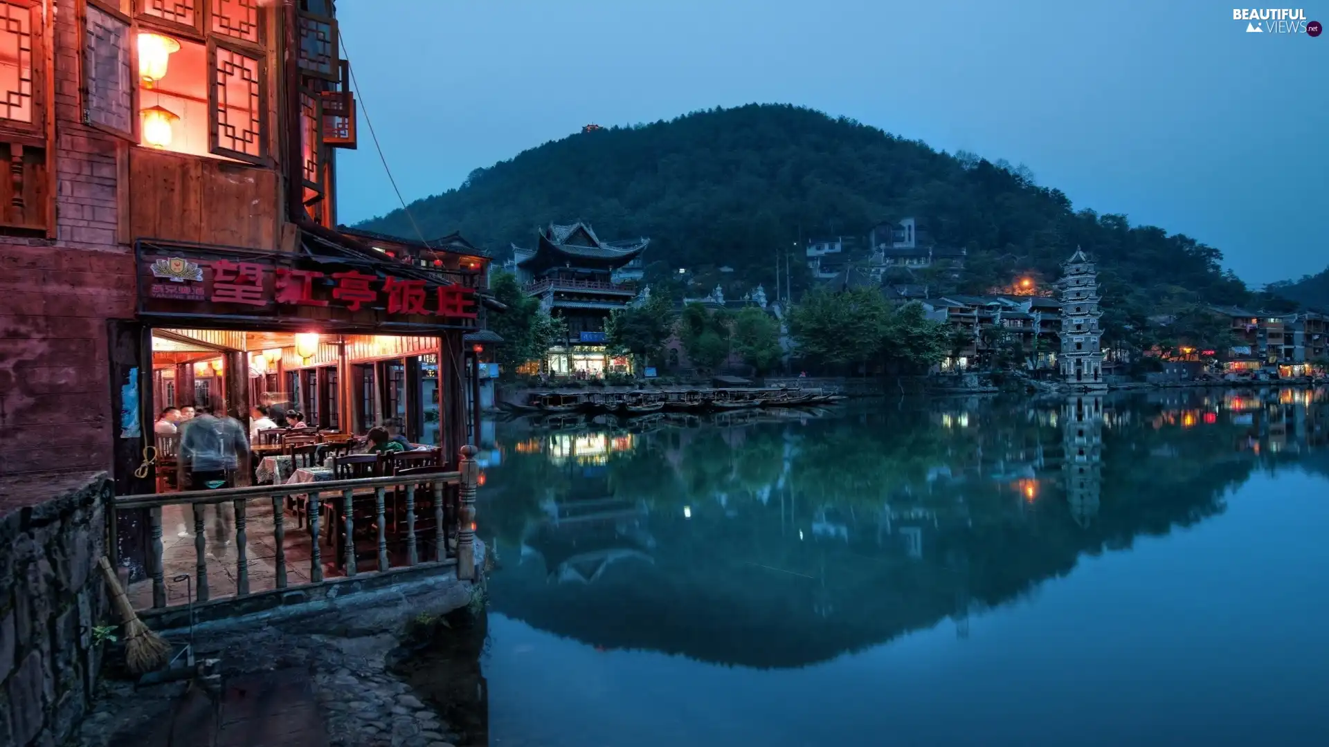 Restaurant, mountains, China, River