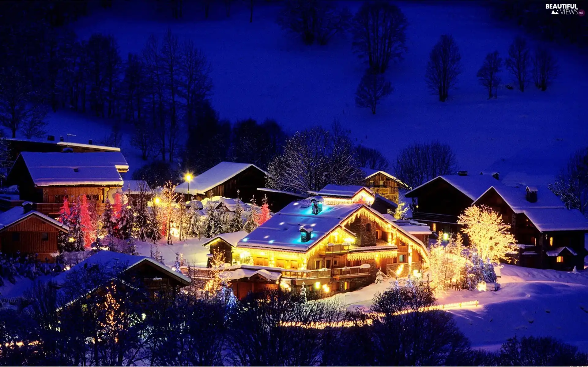 Christmas, Night, illuminated, Houses, winter