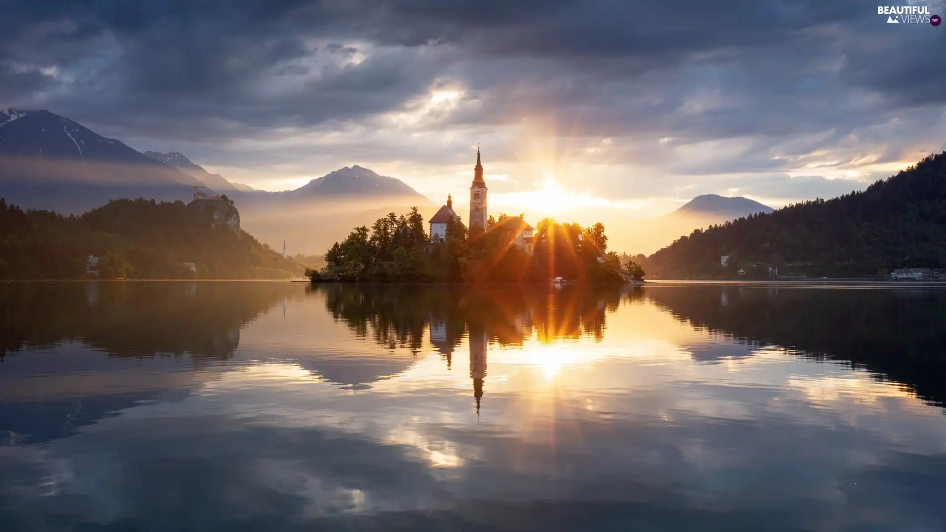 Lake Bled, Slovenia, Blejski Otok Island, Church of the Annunciation of the Virgin Mary, clouds, reflection, Julian Alps, Sunrise, Mountains