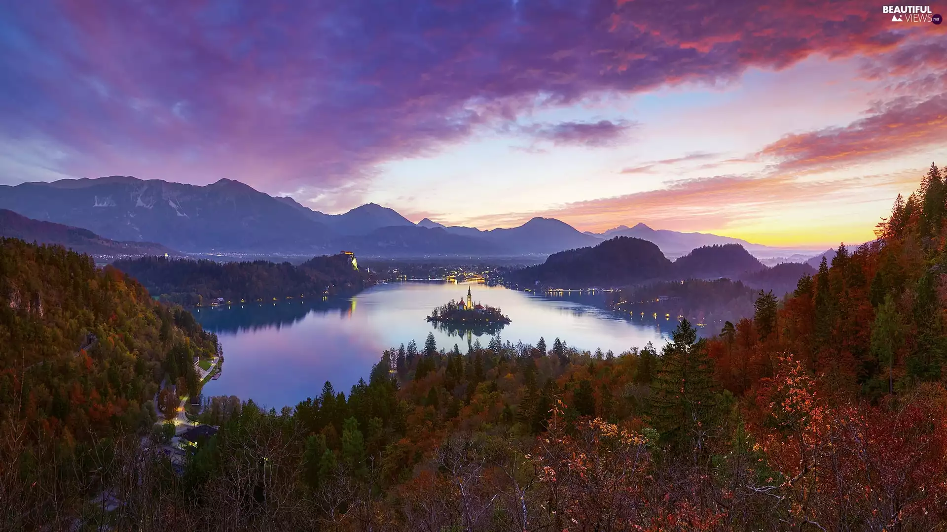 Church, Blejski Otok Island, trees, Lake Bled, Slovenia, Mountains, viewes