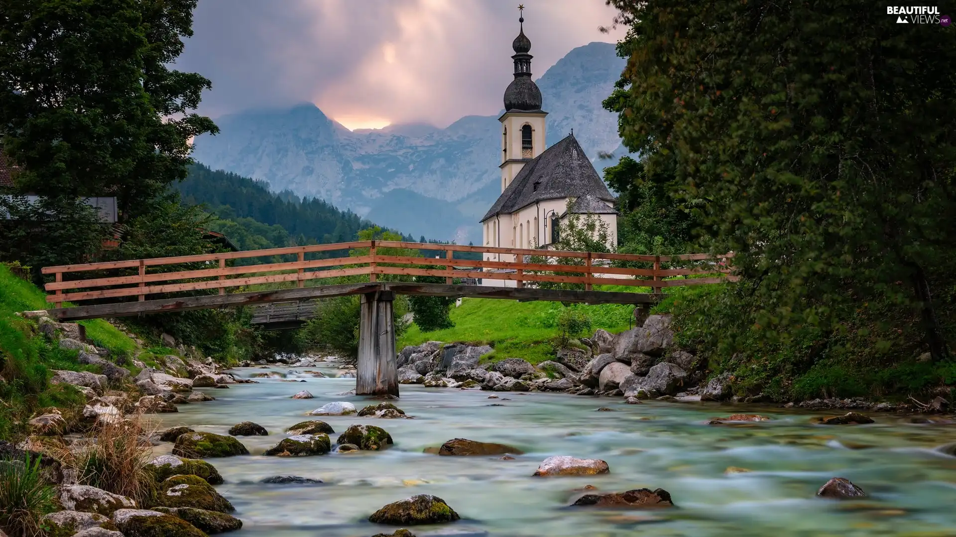 River Ramsauer Ache, Ramsau bei Berchtesgaden, Church of St. Sebastian, Bavaria, trees, Berchtesgaden National Park, Alps Mountains, Germany, bridge, viewes