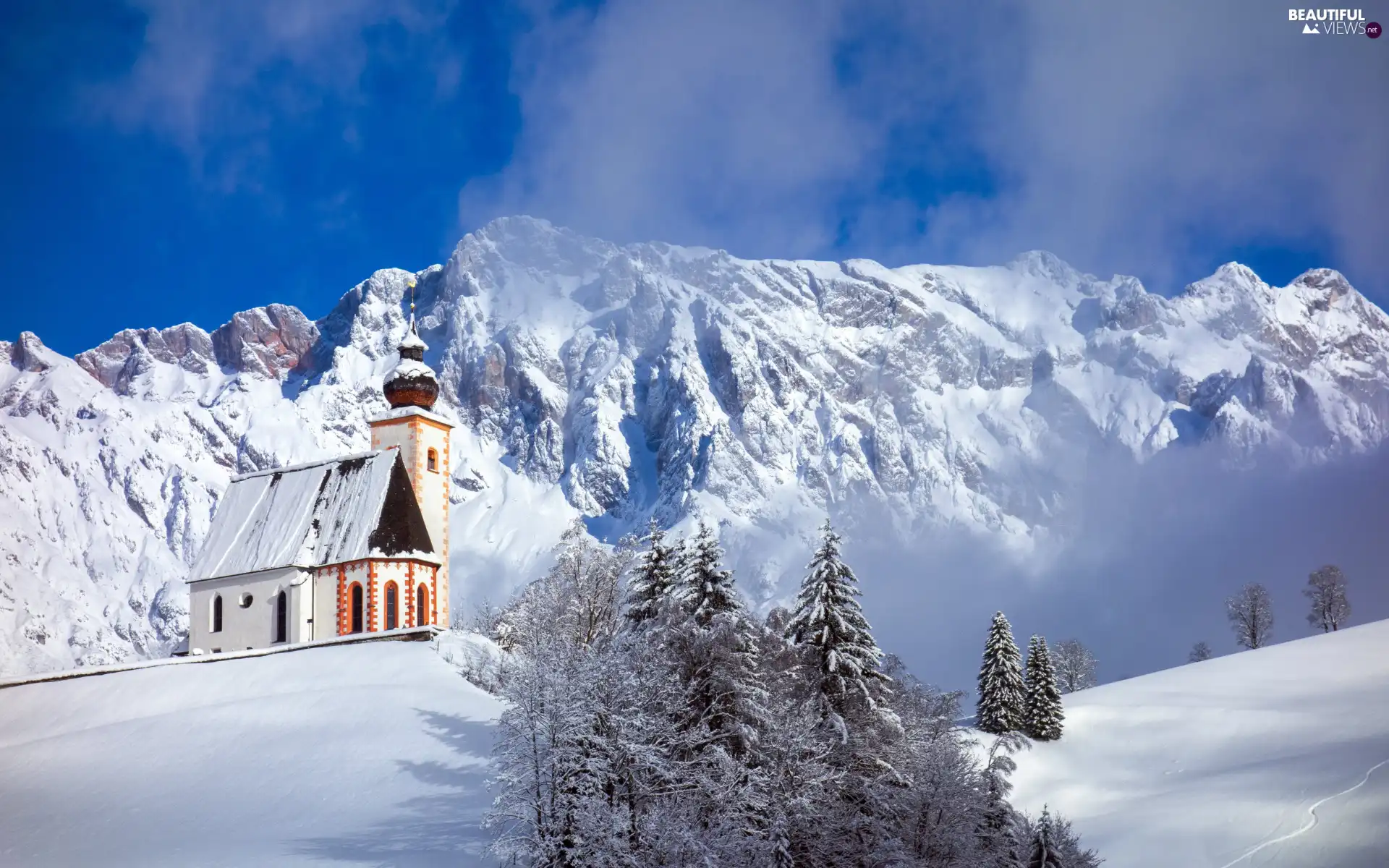 trees, winter, Mountains, Church, viewes, snow
