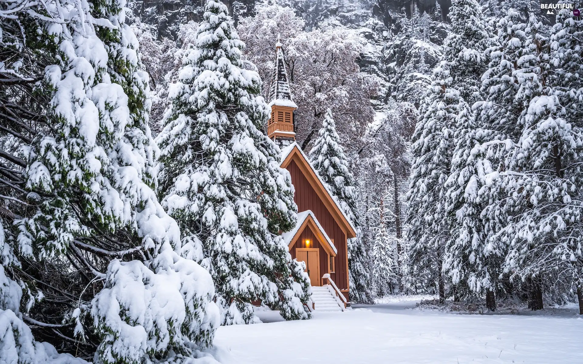 snow, trees, chapel, State of California, church, winter, viewes, The United States, Yosemite National Park, forest
